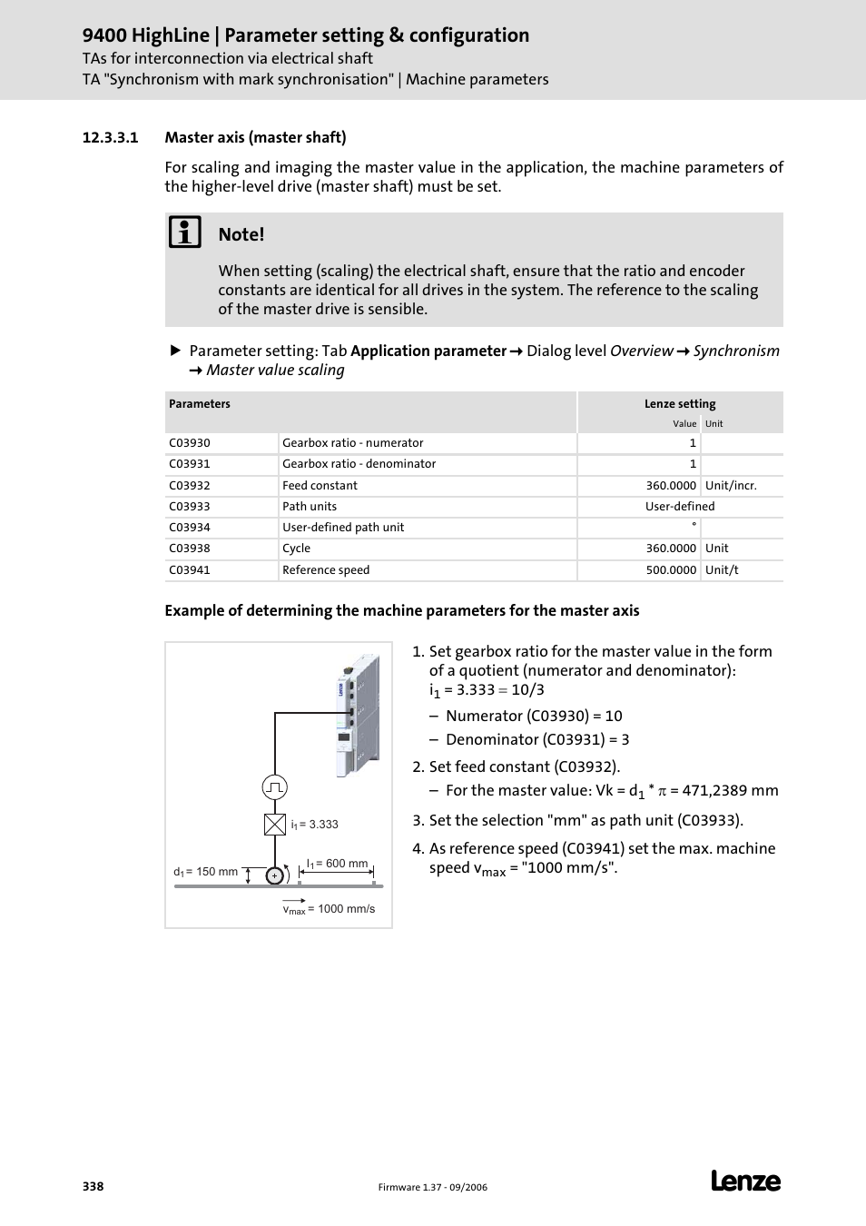 1 master axis (master shaft), 9400 highline | parameter setting & configuration | Lenze E94AxHE Servo Drives 9400 HighLine (Firmware 01-37) User Manual | Page 338 / 679
