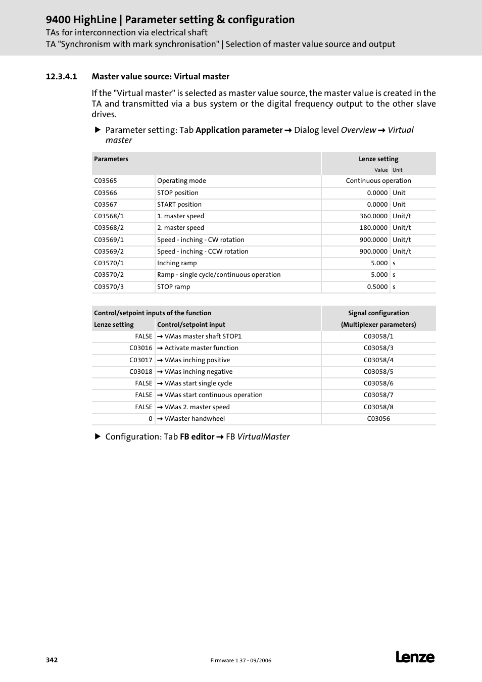 1 master value source: virtual master, 9400 highline | parameter setting & configuration | Lenze E94AxHE Servo Drives 9400 HighLine (Firmware 01-37) User Manual | Page 342 / 679