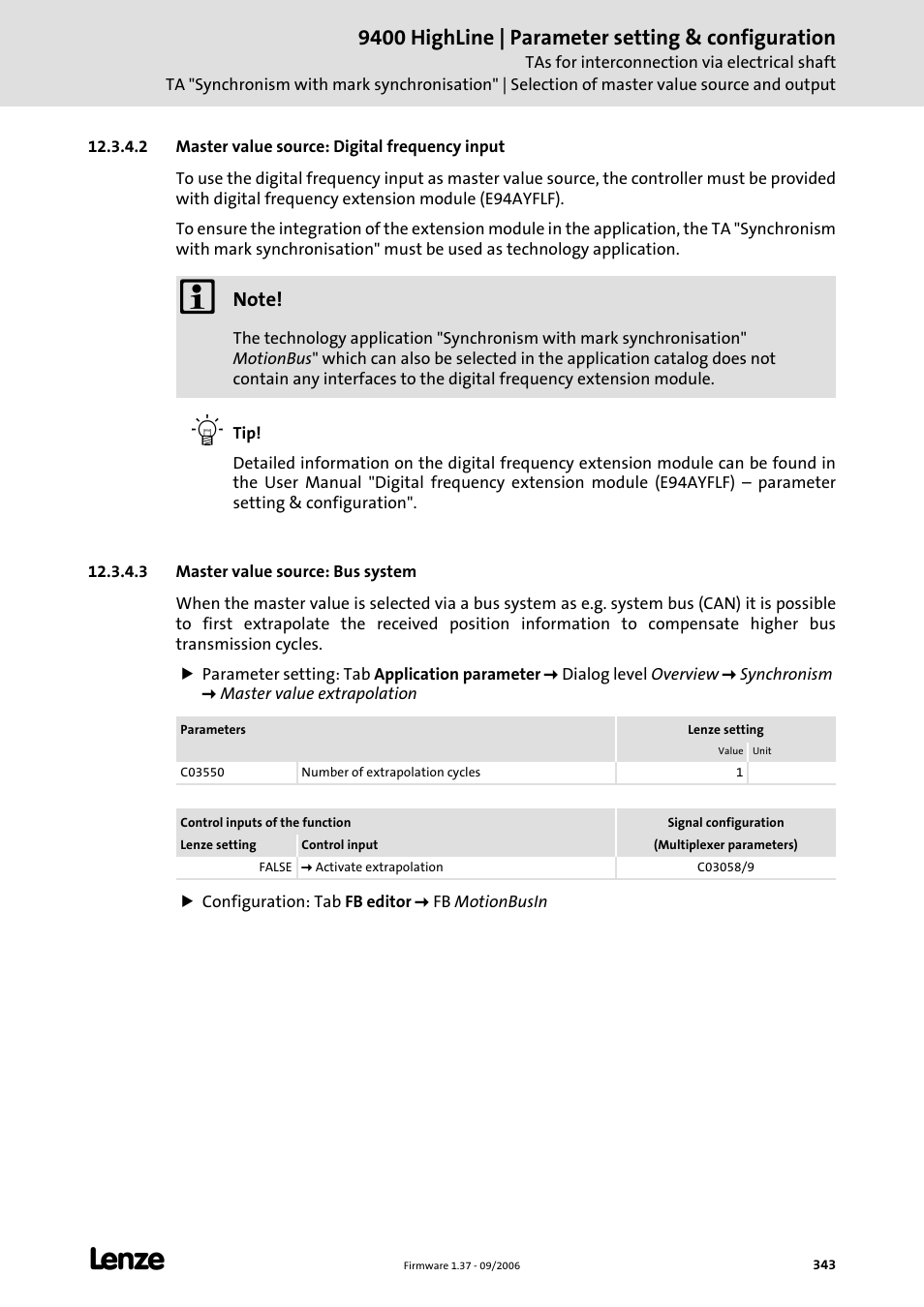 2 master value source: digital frequency input, 3 master value source: bus system, 9400 highline | parameter setting & configuration | Lenze E94AxHE Servo Drives 9400 HighLine (Firmware 01-37) User Manual | Page 343 / 679