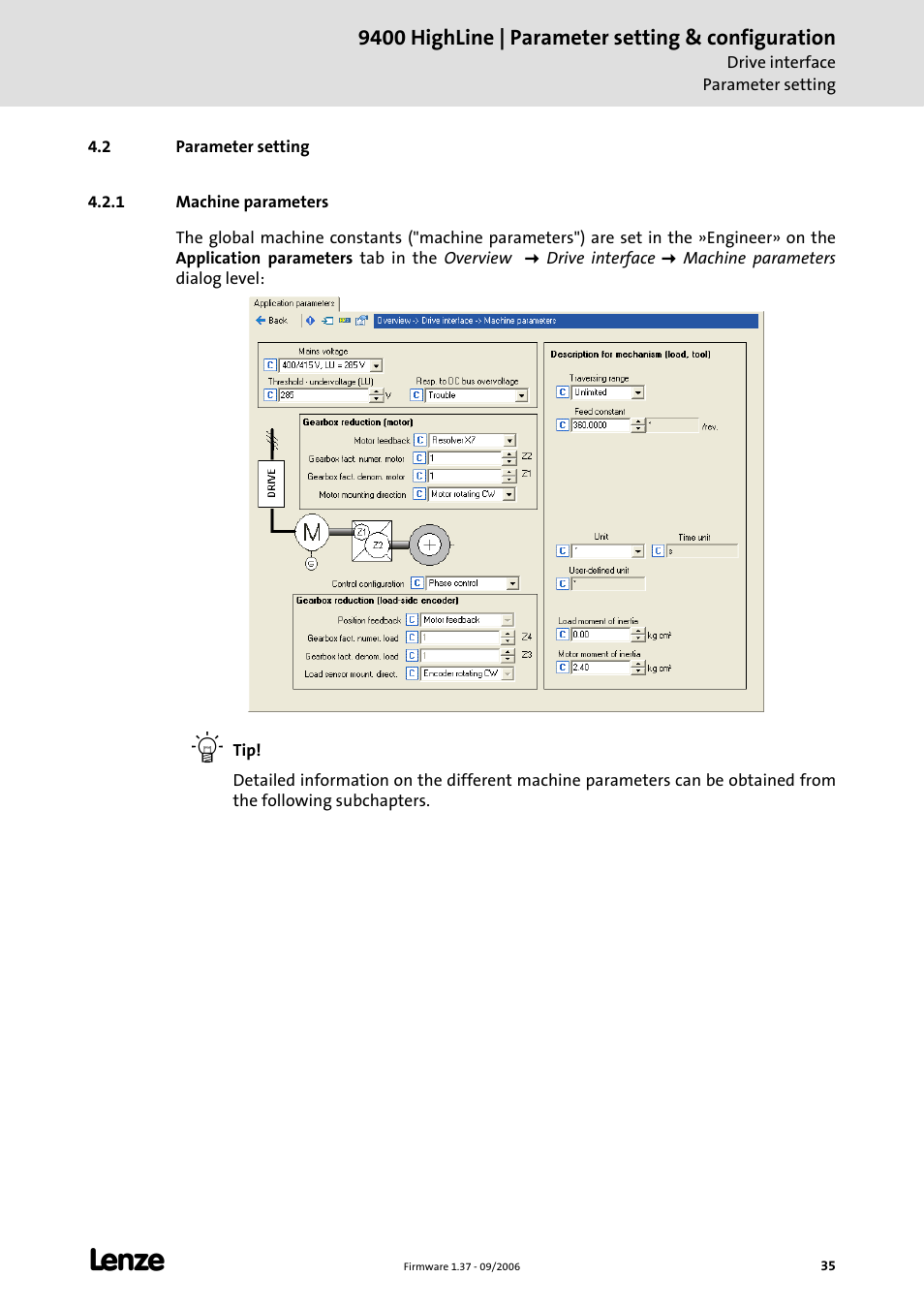 2 parameter setting, 1 machine parameters | Lenze E94AxHE Servo Drives 9400 HighLine (Firmware 01-37) User Manual | Page 35 / 679