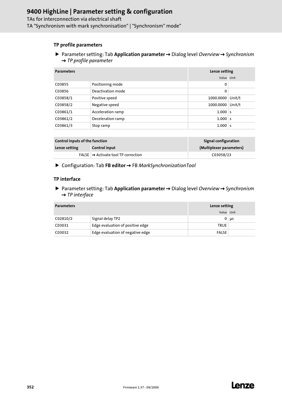 9400 highline | parameter setting & configuration | Lenze E94AxHE Servo Drives 9400 HighLine (Firmware 01-37) User Manual | Page 352 / 679