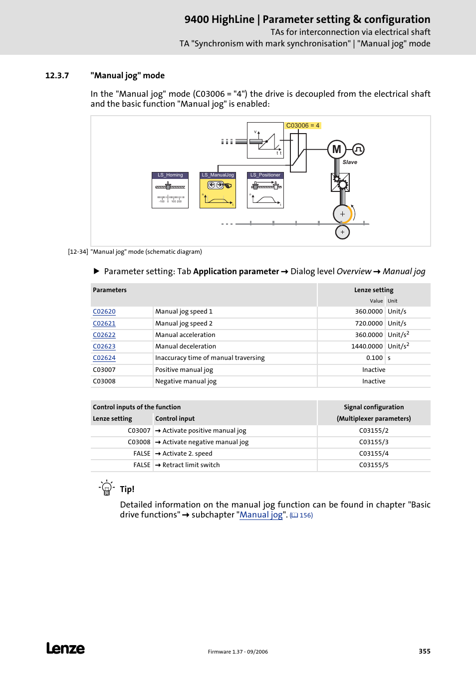 7 "manual jog" mode, 9400 highline | parameter setting & configuration | Lenze E94AxHE Servo Drives 9400 HighLine (Firmware 01-37) User Manual | Page 355 / 679