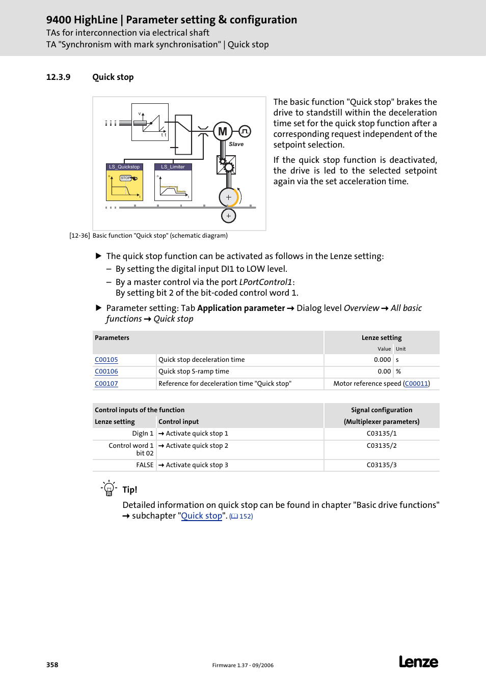 9 quick stop, 9400 highline | parameter setting & configuration | Lenze E94AxHE Servo Drives 9400 HighLine (Firmware 01-37) User Manual | Page 358 / 679