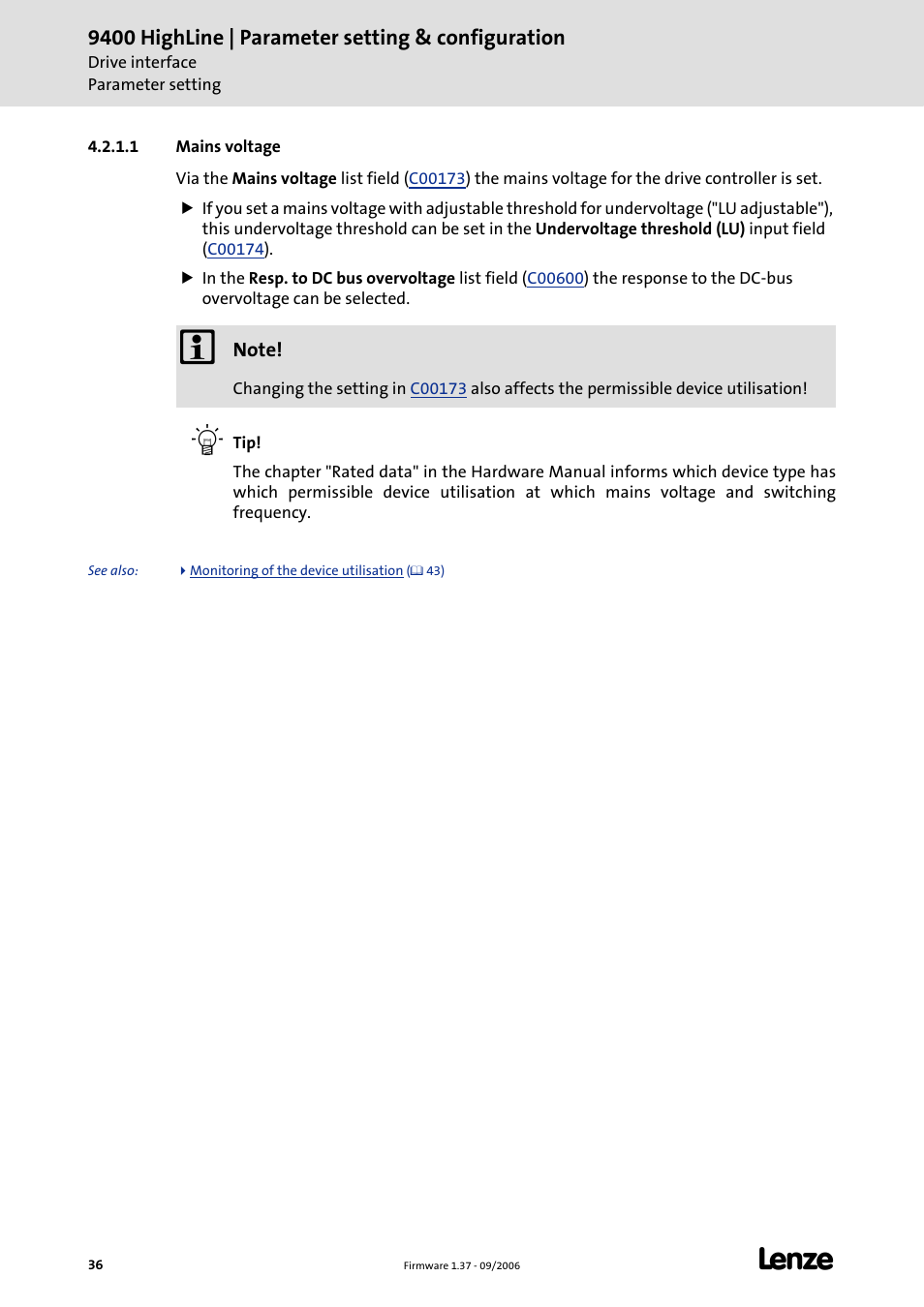 1 mains voltage, Mains voltage | Lenze E94AxHE Servo Drives 9400 HighLine (Firmware 01-37) User Manual | Page 36 / 679