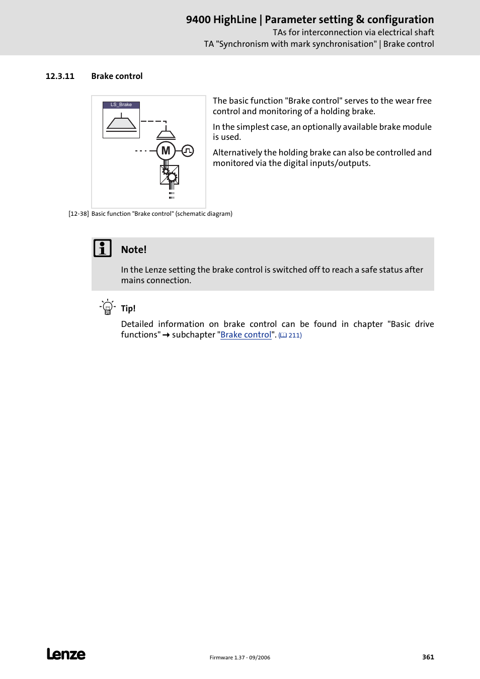 11 brake control | Lenze E94AxHE Servo Drives 9400 HighLine (Firmware 01-37) User Manual | Page 361 / 679