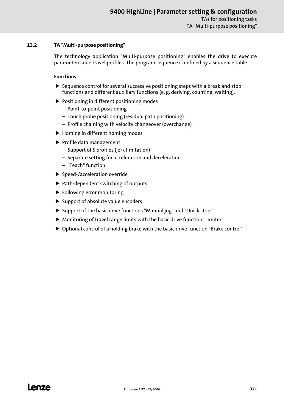 2 ta "multi-purpose positioning, Ta "multi-purpose positioning, Ta "multi-purpose positioning" (c 371) | 9400 highline | parameter setting & configuration | Lenze E94AxHE Servo Drives 9400 HighLine (Firmware 01-37) User Manual | Page 371 / 679