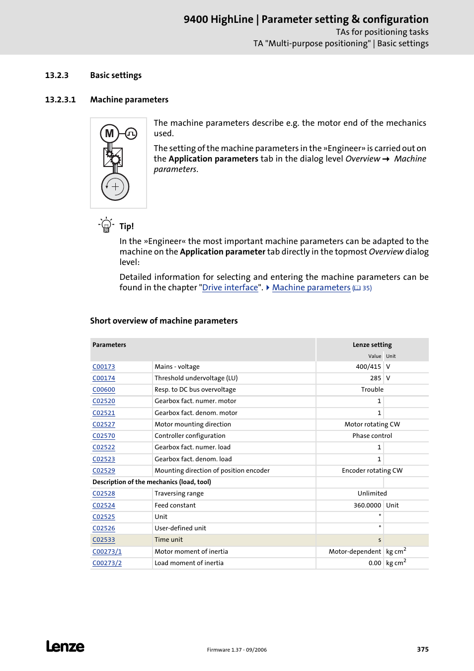 3 basic settings, 1 machine parameters, 9400 highline | parameter setting & configuration | Lenze E94AxHE Servo Drives 9400 HighLine (Firmware 01-37) User Manual | Page 375 / 679