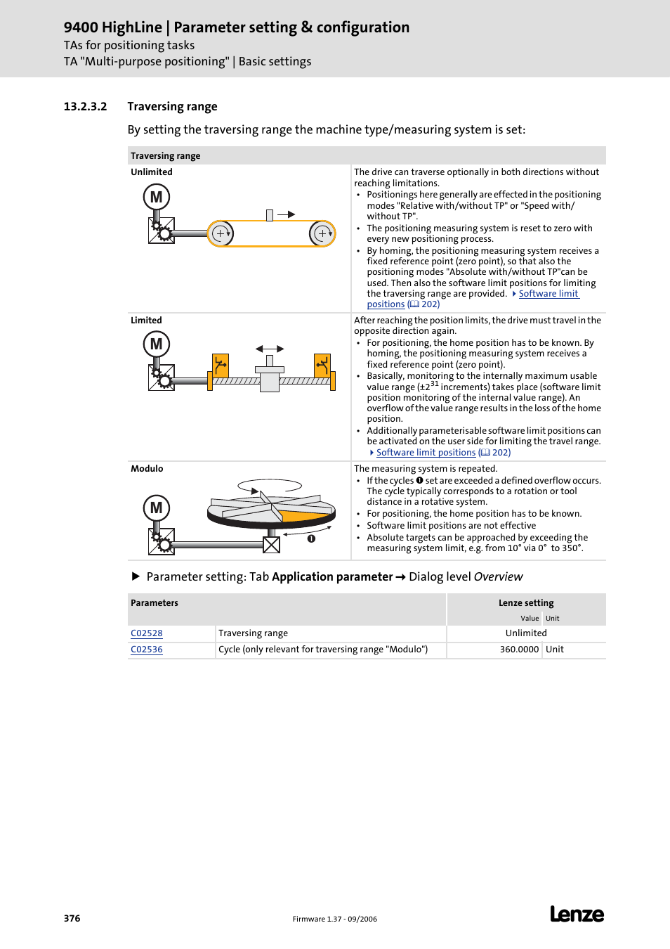 2 traversing range, 9400 highline | parameter setting & configuration | Lenze E94AxHE Servo Drives 9400 HighLine (Firmware 01-37) User Manual | Page 376 / 679