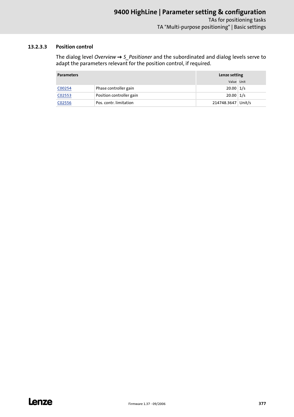 3 position control, 9400 highline | parameter setting & configuration | Lenze E94AxHE Servo Drives 9400 HighLine (Firmware 01-37) User Manual | Page 377 / 679