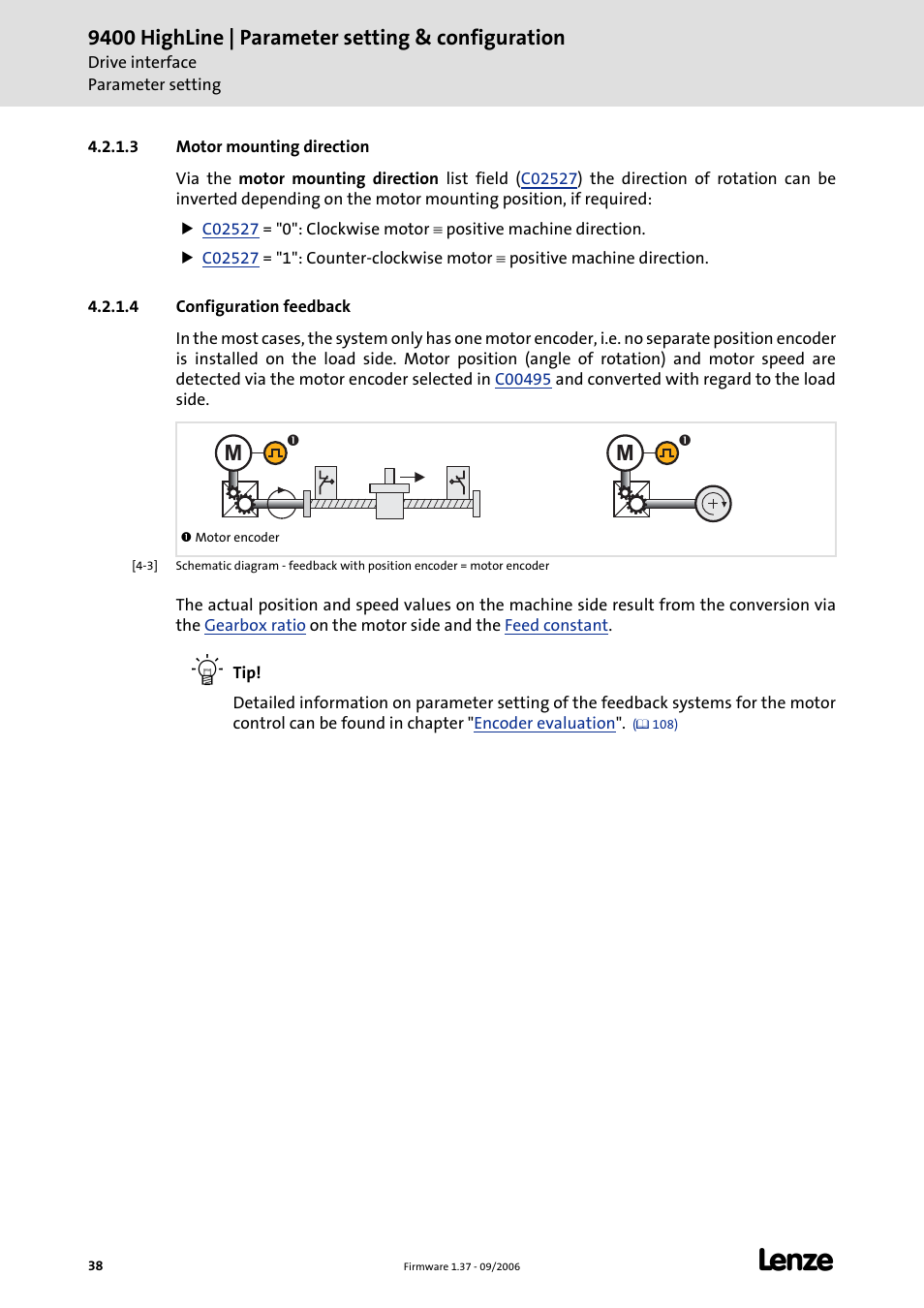 3 motor mounting direction, 4 configuration feedback, Motor mounting direction | Configuration feedback, 9400 highline | parameter setting & configuration | Lenze E94AxHE Servo Drives 9400 HighLine (Firmware 01-37) User Manual | Page 38 / 679