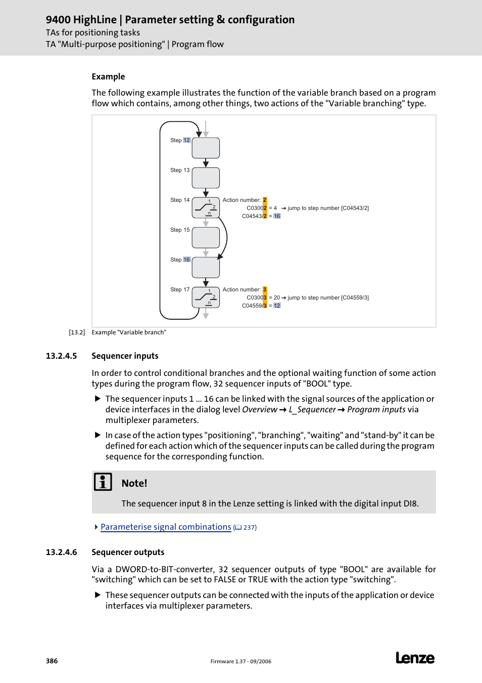 5 sequencer inputs, 6 sequencer outputs, 5 sequencer inputs 13.2.4.6 sequencer outputs | Sequencer, Inputs (c 386), Table, Sequencer inputs (c 386), Sequencer inputs, C 386), 9400 highline | parameter setting & configuration | Lenze E94AxHE Servo Drives 9400 HighLine (Firmware 01-37) User Manual | Page 386 / 679