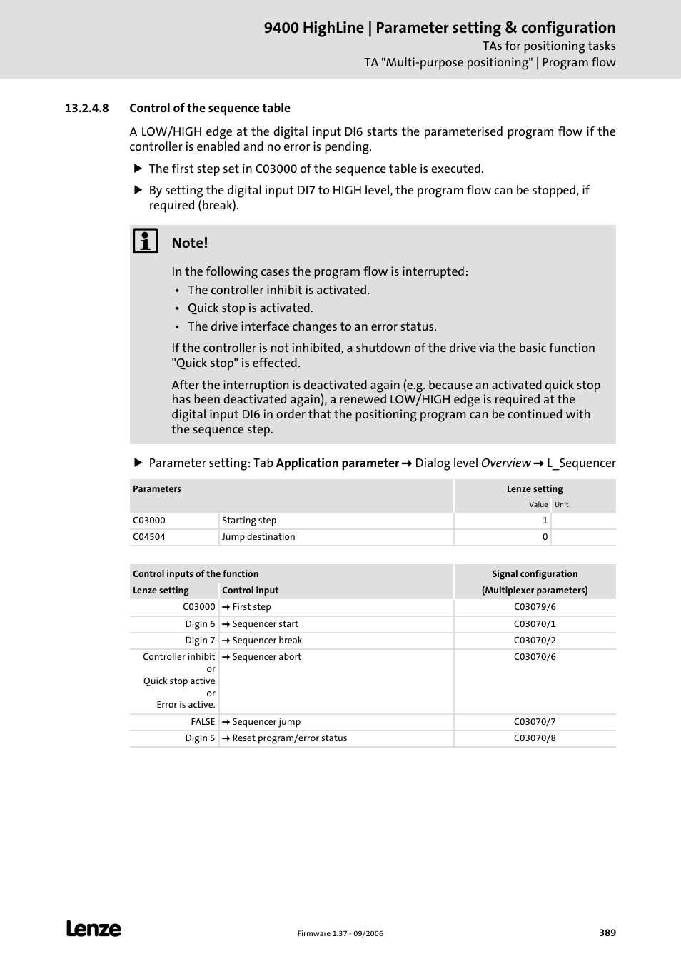 8 control of the sequence table, Control of the sequence table (c 389), 9400 highline | parameter setting & configuration | Lenze E94AxHE Servo Drives 9400 HighLine (Firmware 01-37) User Manual | Page 389 / 679