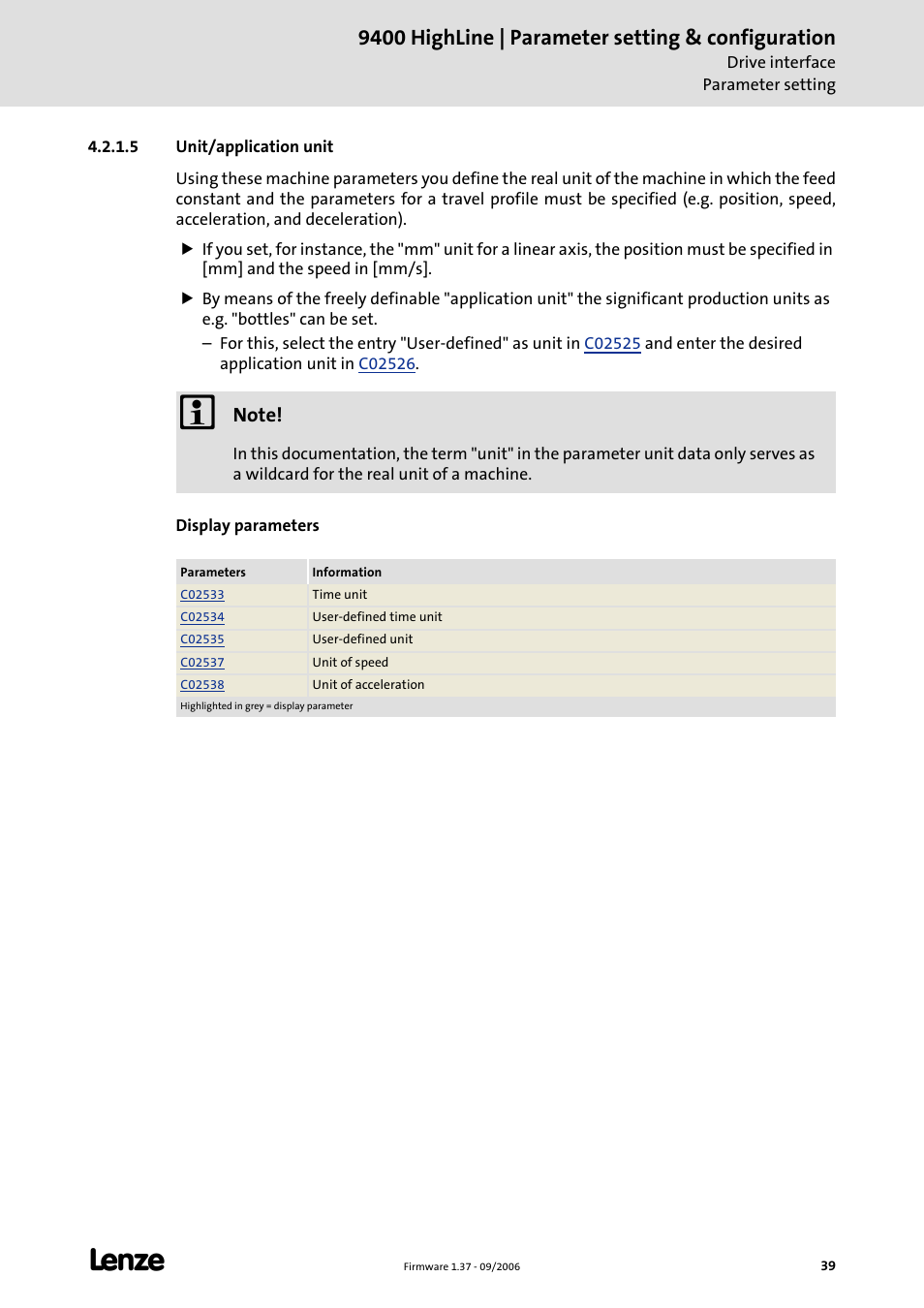 5 unit/application unit, Unit/application unit, 9400 highline | parameter setting & configuration | Lenze E94AxHE Servo Drives 9400 HighLine (Firmware 01-37) User Manual | Page 39 / 679