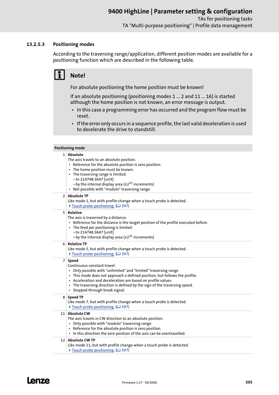 3 positioning modes, 9400 highline | parameter setting & configuration | Lenze E94AxHE Servo Drives 9400 HighLine (Firmware 01-37) User Manual | Page 395 / 679