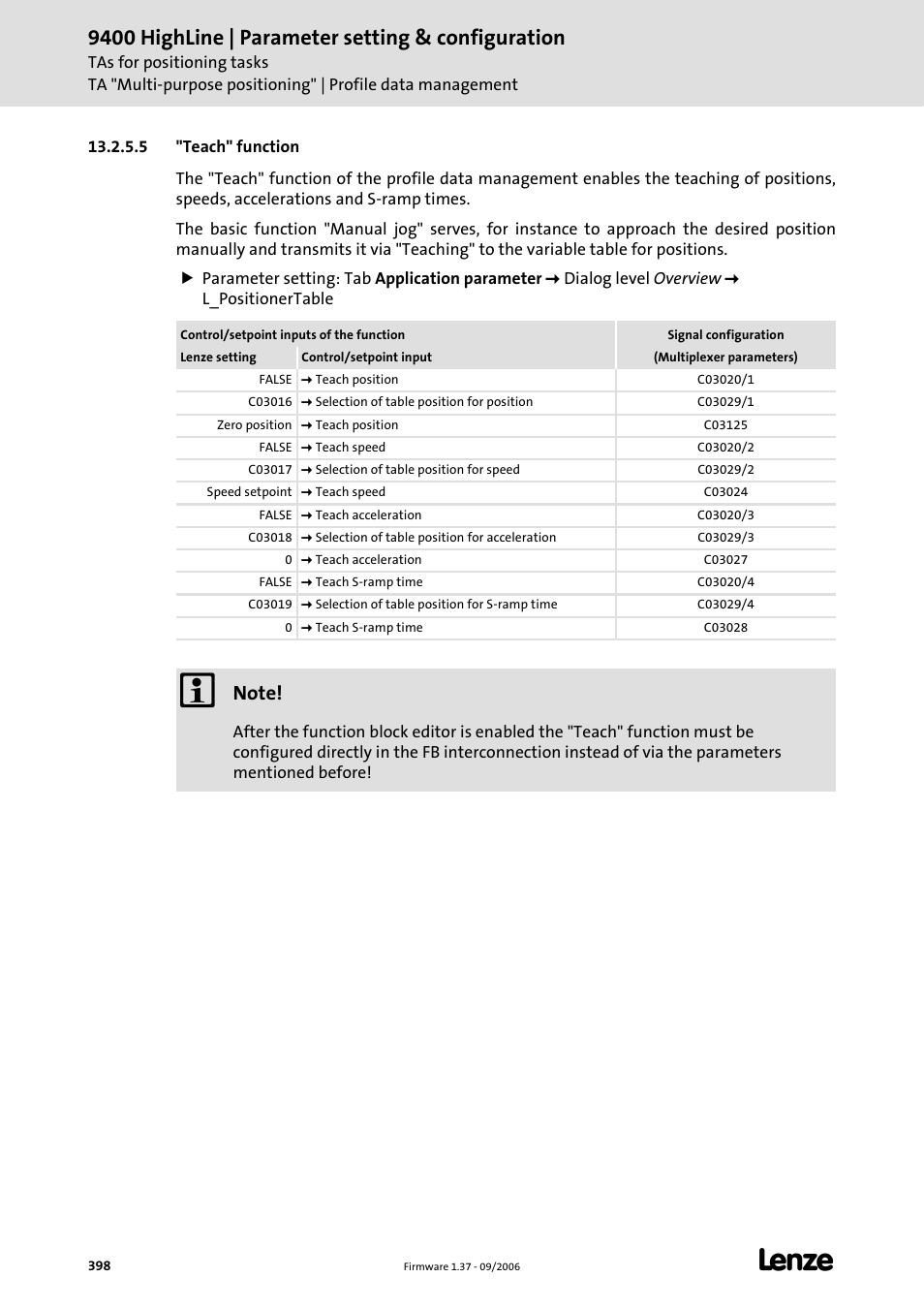 5 "teach" function, Deceleration and s-ramp times, Teach" function | C 398), 9400 highline | parameter setting & configuration | Lenze E94AxHE Servo Drives 9400 HighLine (Firmware 01-37) User Manual | Page 398 / 679