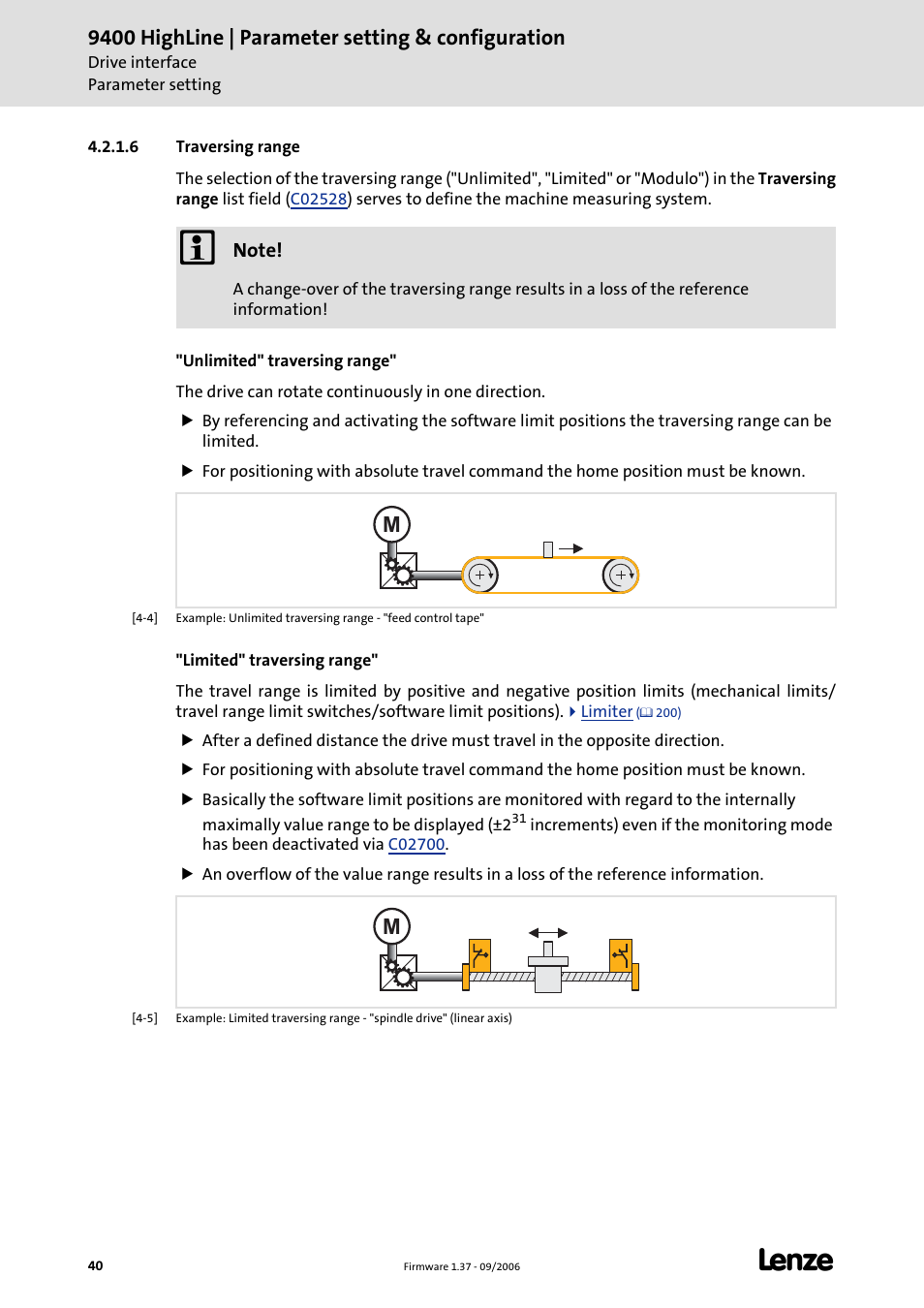 6 traversing range, Traversing range, 9400 highline | parameter setting & configuration | Lenze E94AxHE Servo Drives 9400 HighLine (Firmware 01-37) User Manual | Page 40 / 679