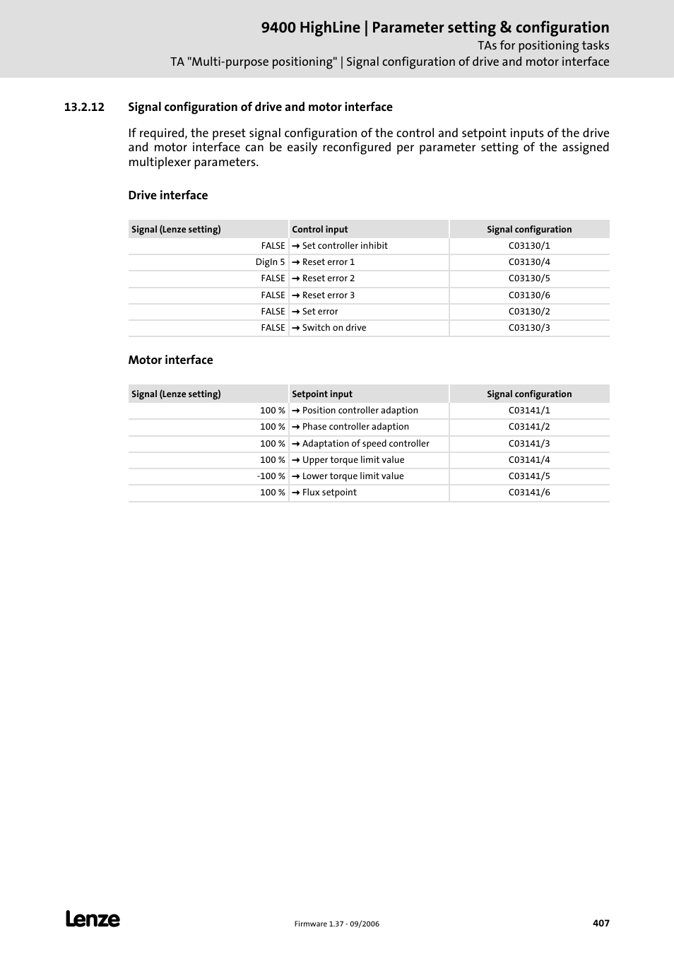 9400 highline | parameter setting & configuration | Lenze E94AxHE Servo Drives 9400 HighLine (Firmware 01-37) User Manual | Page 407 / 679