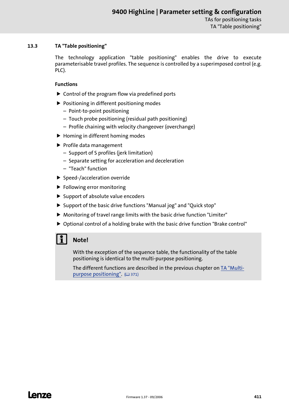 3 ta "table positioning, Ta "table positioning, Ta "table positioning" (c 411) | 9400 highline | parameter setting & configuration | Lenze E94AxHE Servo Drives 9400 HighLine (Firmware 01-37) User Manual | Page 411 / 679