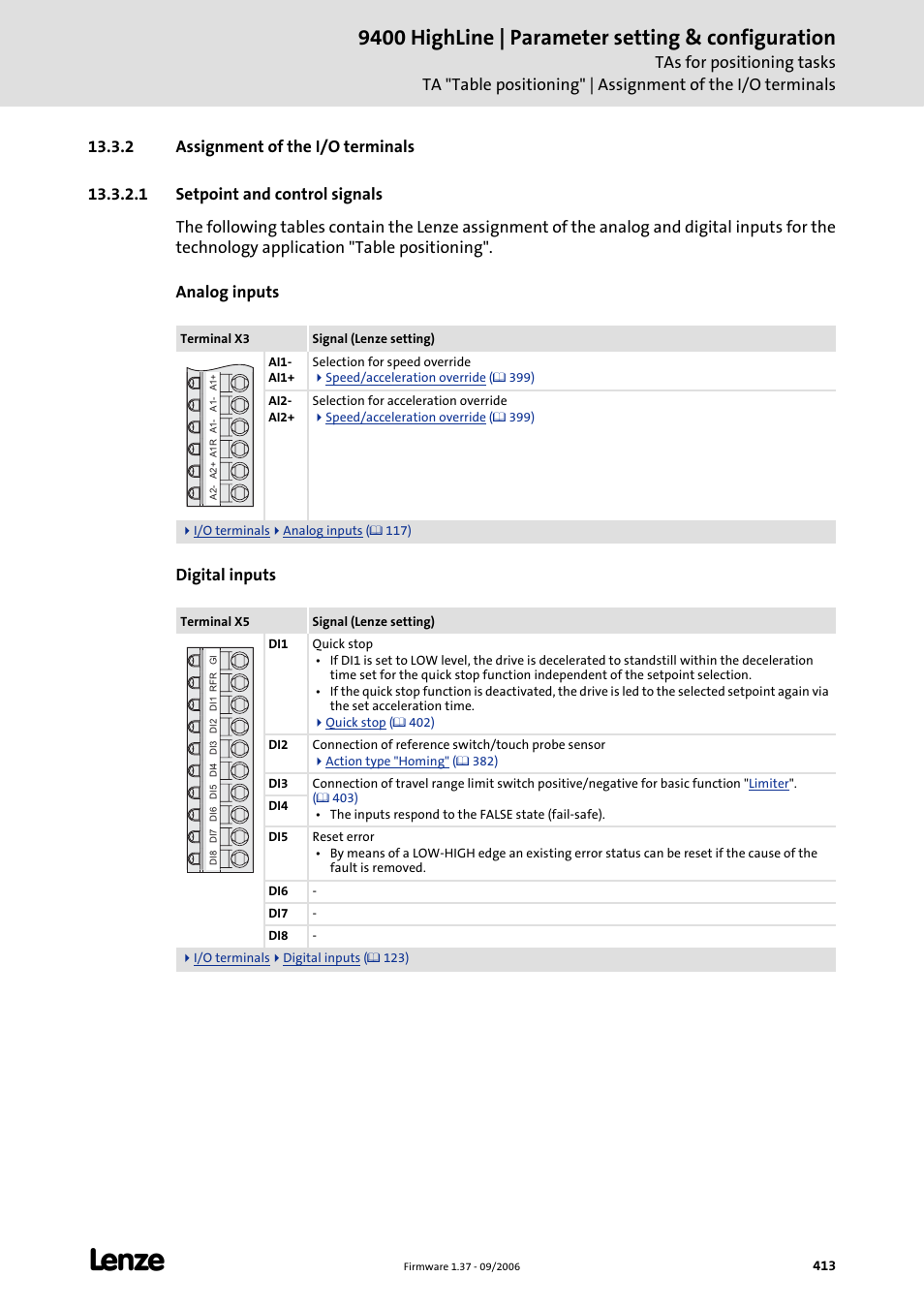 2 assignment of the i/o terminals, 1 setpoint and control signals, 9400 highline | parameter setting & configuration | Lenze E94AxHE Servo Drives 9400 HighLine (Firmware 01-37) User Manual | Page 413 / 679