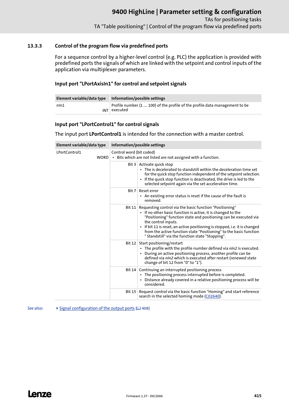 3 control of the program flow via predefined ports, 9400 highline | parameter setting & configuration | Lenze E94AxHE Servo Drives 9400 HighLine (Firmware 01-37) User Manual | Page 415 / 679