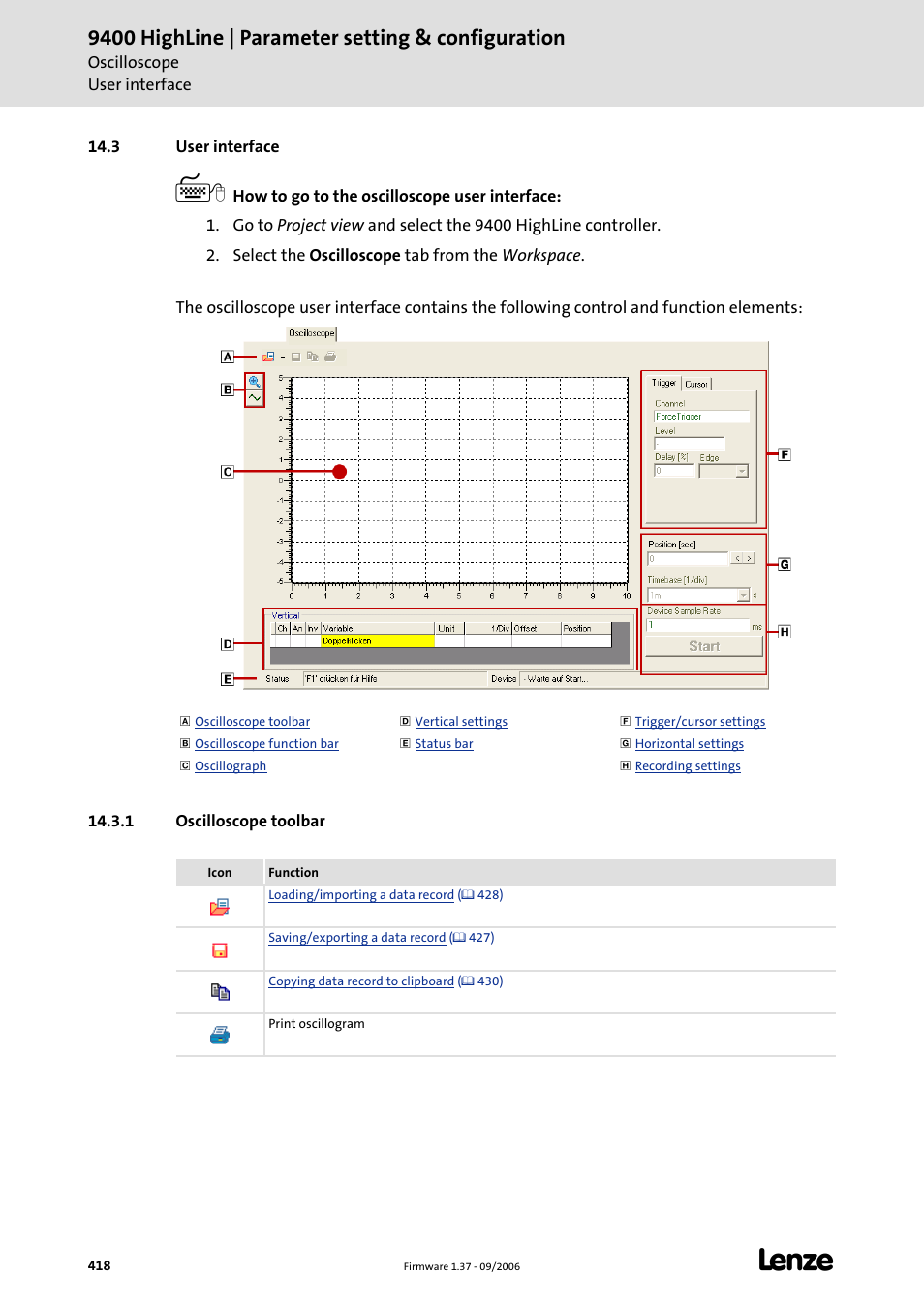 3 user interface, 1 oscilloscope toolbar, 9400 highline | parameter setting & configuration | Lenze E94AxHE Servo Drives 9400 HighLine (Firmware 01-37) User Manual | Page 418 / 679