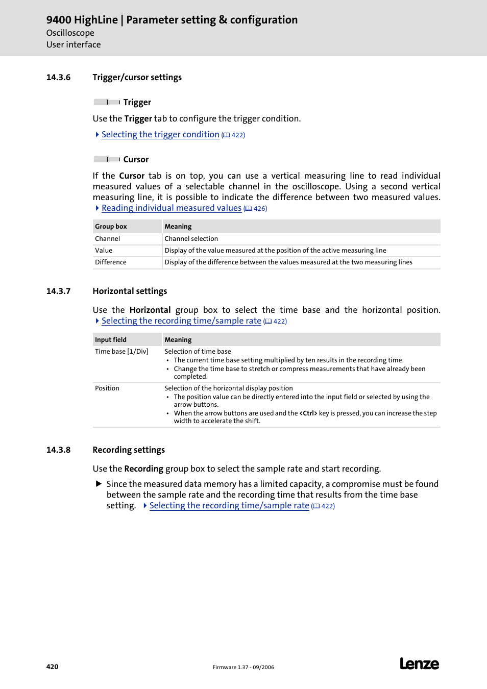 6 trigger/cursor settings, 7 horizontal settings, 8 recording settings | Trigger/cursor settings, Horizontal settings, Recording settings, 9400 highline | parameter setting & configuration | Lenze E94AxHE Servo Drives 9400 HighLine (Firmware 01-37) User Manual | Page 420 / 679