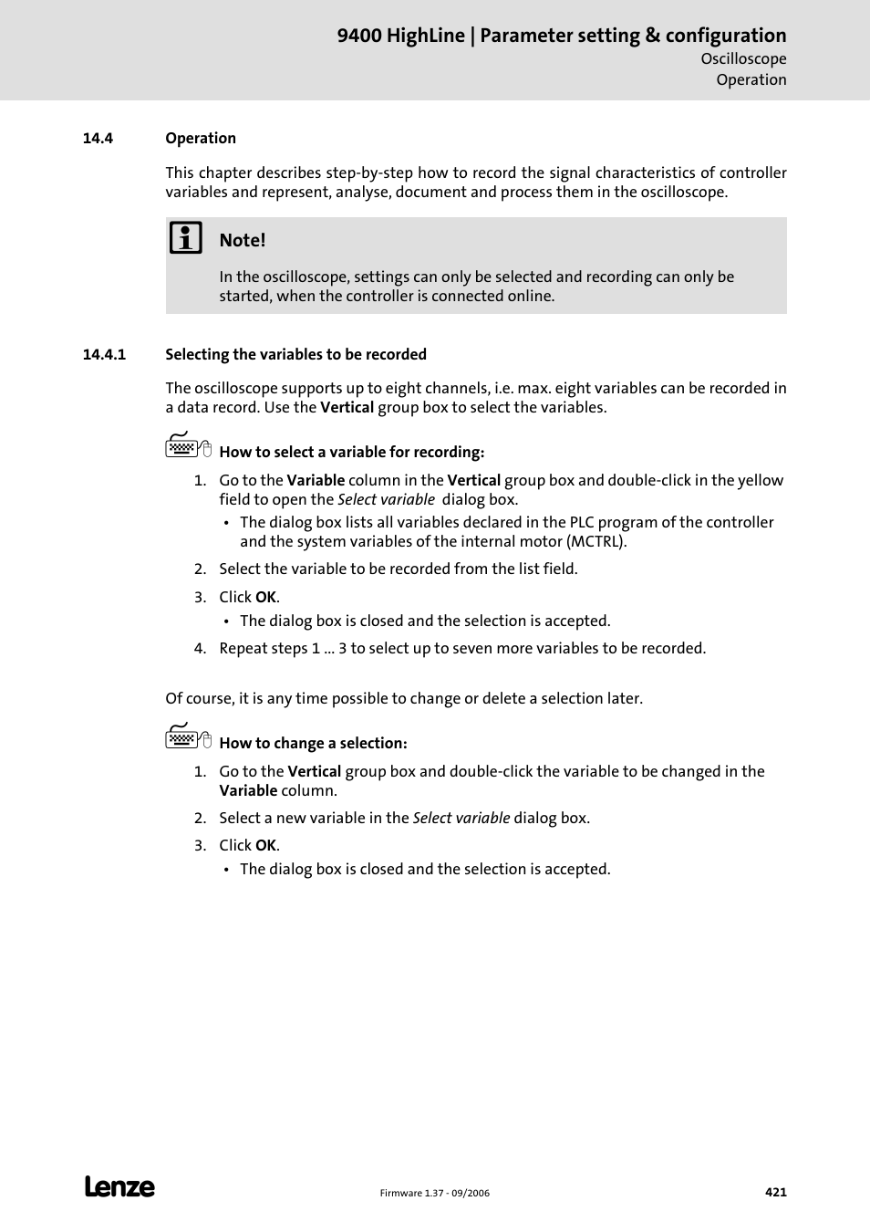 4 operation, 1 selecting the variables to be recorded | Lenze E94AxHE Servo Drives 9400 HighLine (Firmware 01-37) User Manual | Page 421 / 679