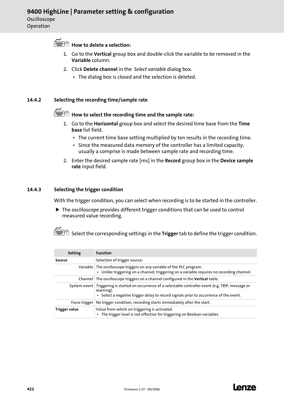 2 selecting the recording time/sample rate, 3 selecting the trigger condition, Selecting the trigger condition | C 422), Selecting the recording time/sample rate, 9400 highline | parameter setting & configuration | Lenze E94AxHE Servo Drives 9400 HighLine (Firmware 01-37) User Manual | Page 422 / 679
