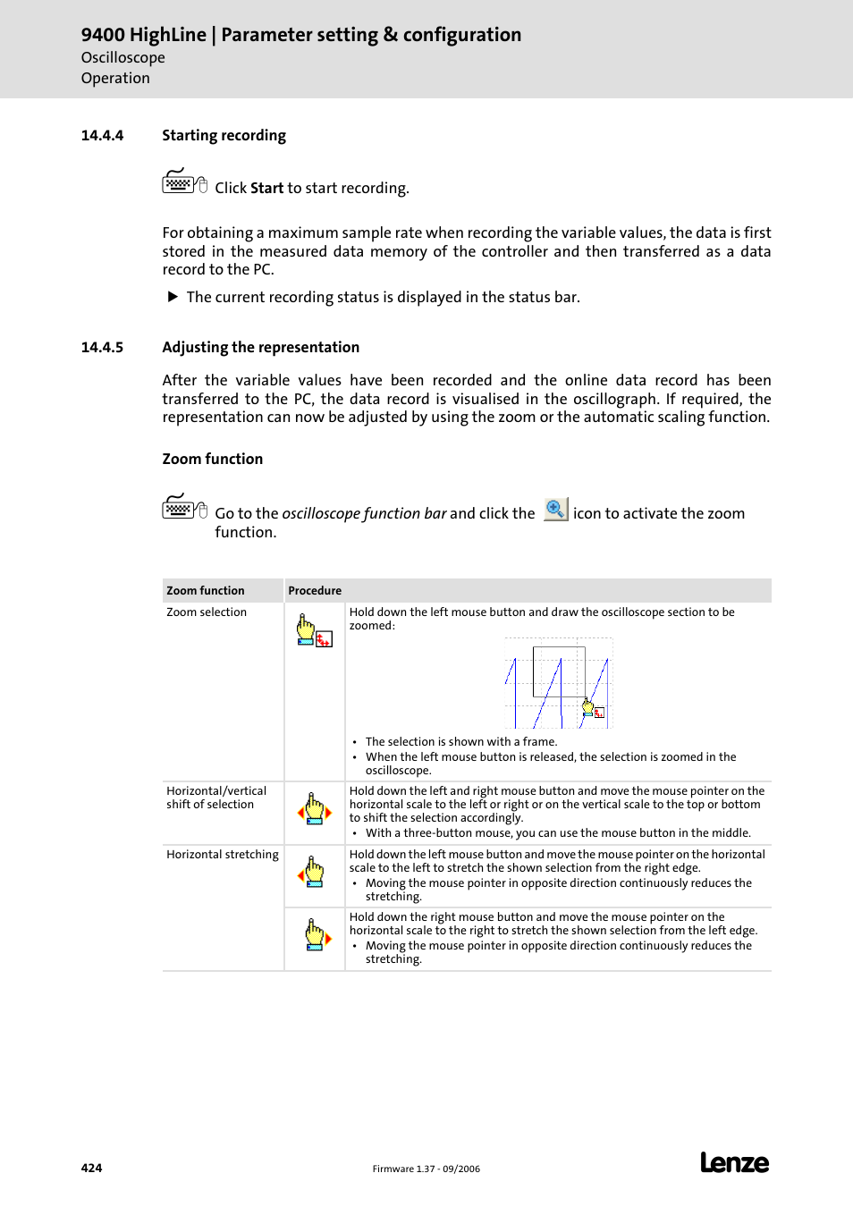 4 starting recording, 5 adjusting the representation, 9400 highline | parameter setting & configuration | Lenze E94AxHE Servo Drives 9400 HighLine (Firmware 01-37) User Manual | Page 424 / 679