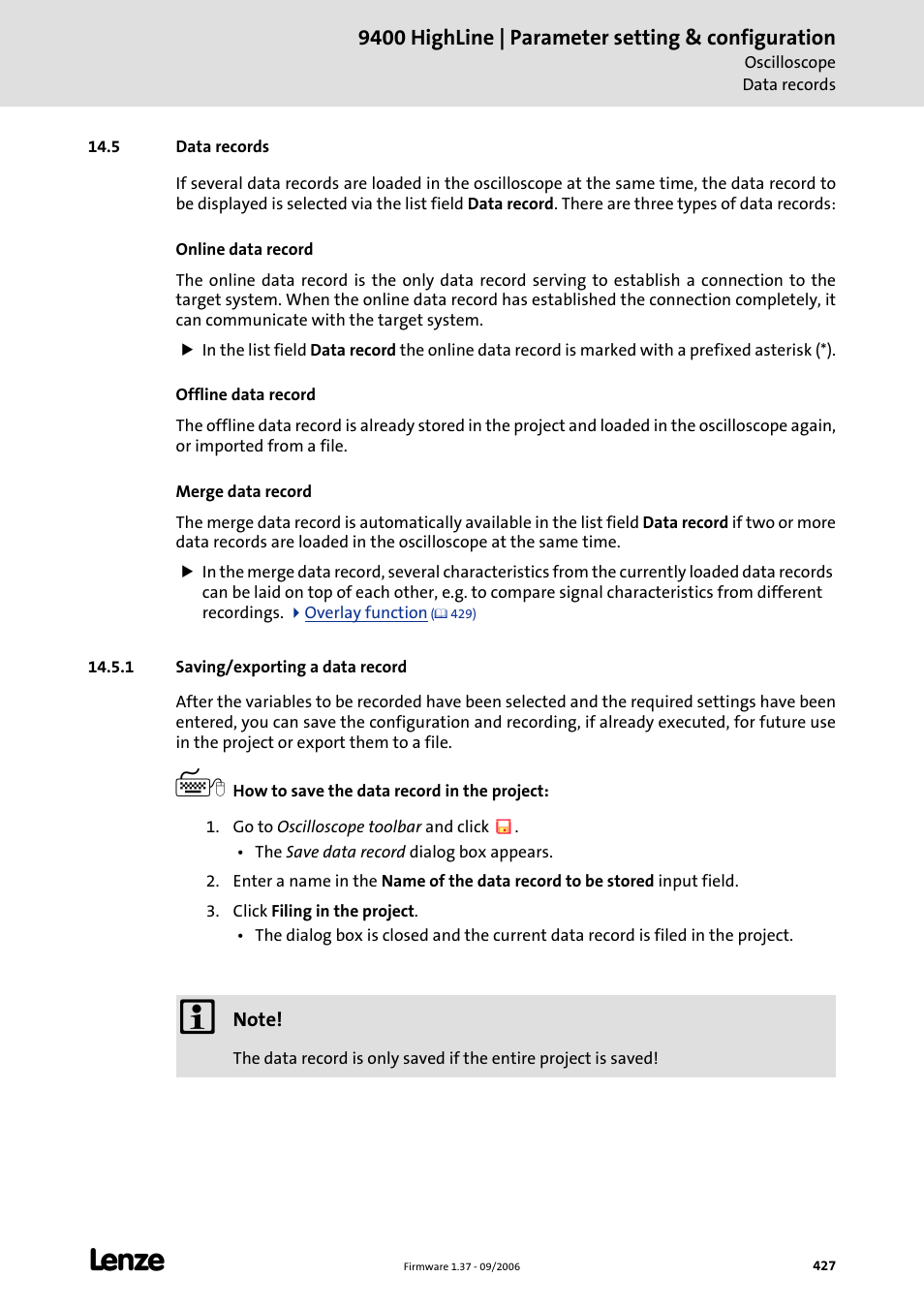 5 data records, 1 saving/exporting a data record, Saving/exporting a data record (c 427) | Lenze E94AxHE Servo Drives 9400 HighLine (Firmware 01-37) User Manual | Page 427 / 679