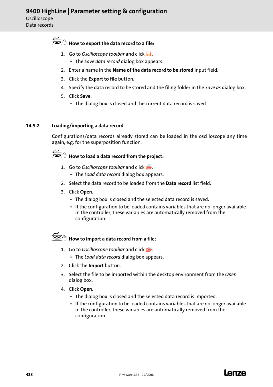 2 loading/importing a data record, Loading/importing a data record (c 428) | Lenze E94AxHE Servo Drives 9400 HighLine (Firmware 01-37) User Manual | Page 428 / 679