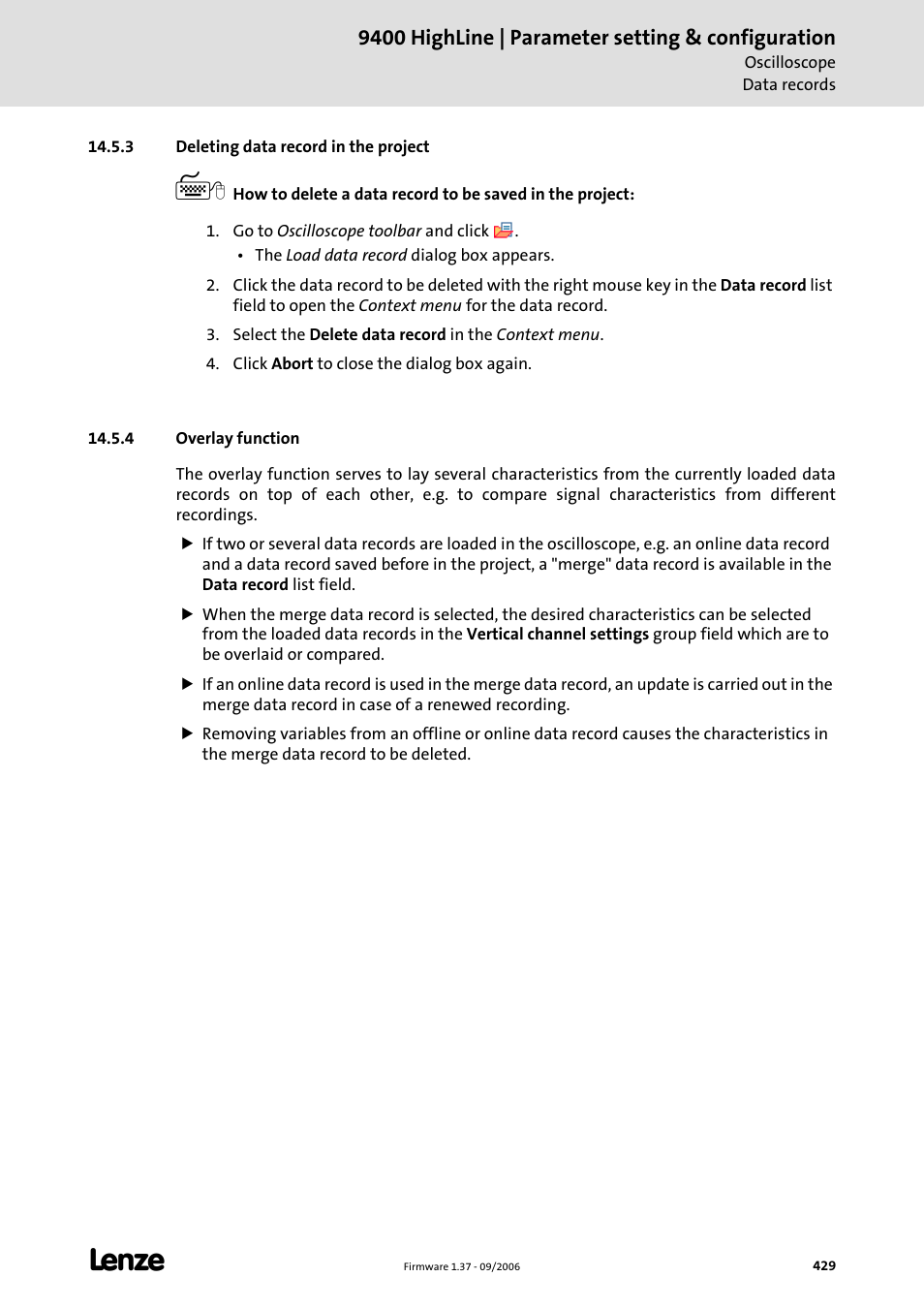 3 deleting data record in the project, 4 overlay function, 9400 highline | parameter setting & configuration | Lenze E94AxHE Servo Drives 9400 HighLine (Firmware 01-37) User Manual | Page 429 / 679