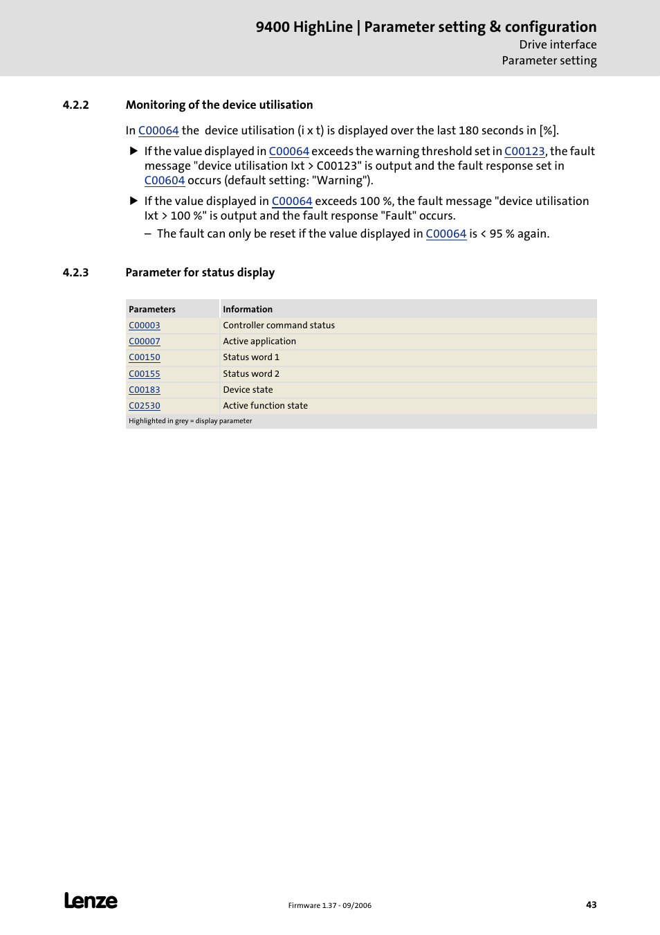 2 monitoring of the device utilisation, 3 parameter for status display, Monitoring of the device utilisation | C 43), 9400 highline | parameter setting & configuration | Lenze E94AxHE Servo Drives 9400 HighLine (Firmware 01-37) User Manual | Page 43 / 679