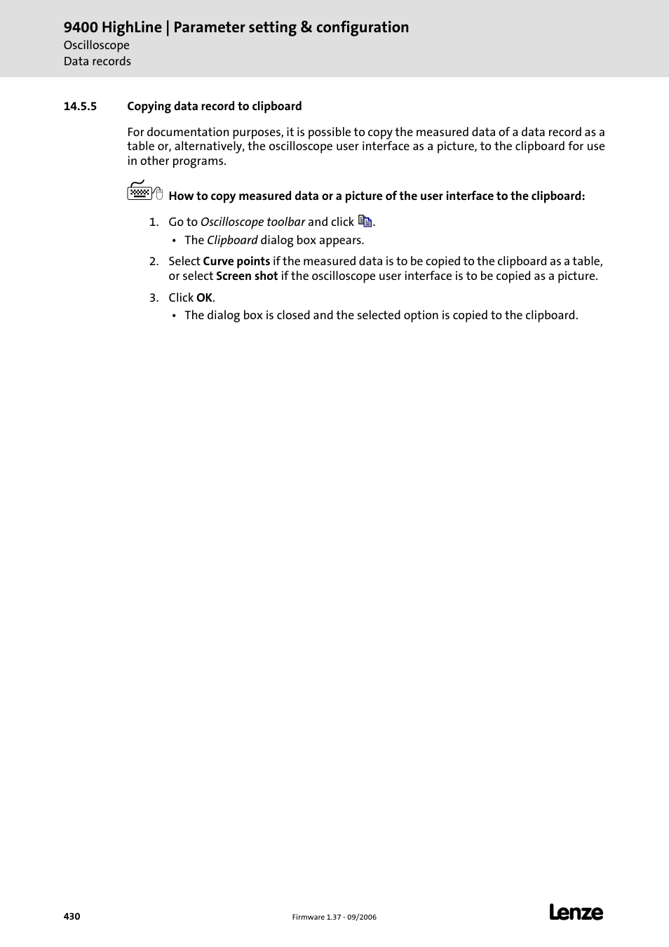 5 copying data record to clipboard, Copying data record to clipboard (c 430) | Lenze E94AxHE Servo Drives 9400 HighLine (Firmware 01-37) User Manual | Page 430 / 679