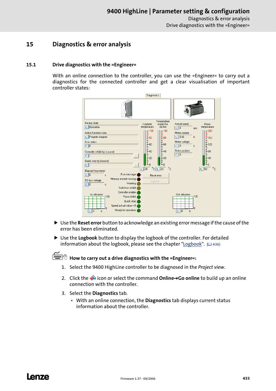 15 diagnostics & error analysis, 1 drive diagnostics with the »engineer | Lenze E94AxHE Servo Drives 9400 HighLine (Firmware 01-37) User Manual | Page 433 / 679