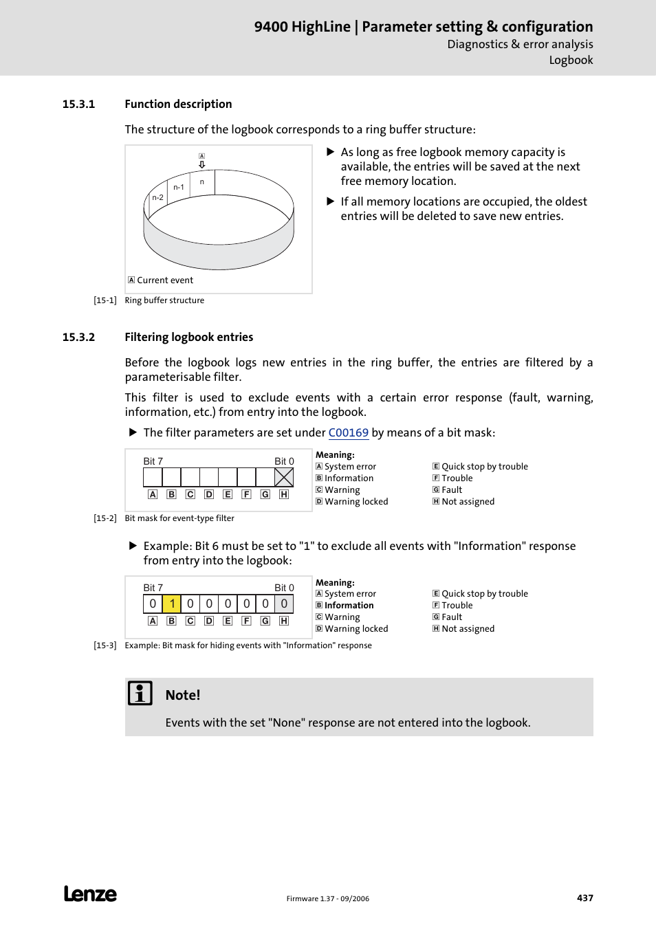 1 function description, 2 filtering logbook entries, Filtering logbook entries | C 437), 9400 highline | parameter setting & configuration | Lenze E94AxHE Servo Drives 9400 HighLine (Firmware 01-37) User Manual | Page 437 / 679