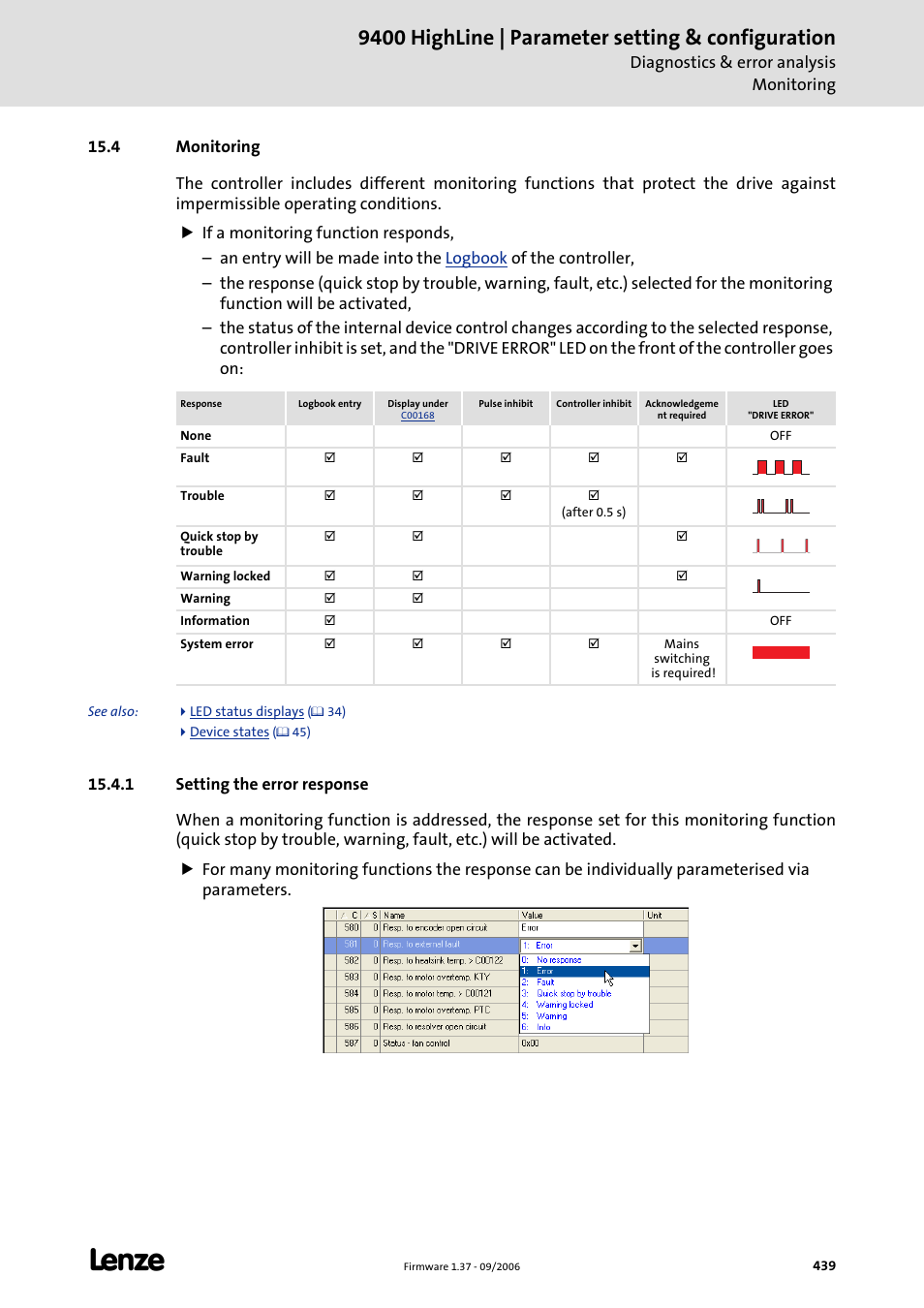 4 monitoring, 1 setting the error response, 9400 highline | parameter setting & configuration | Lenze E94AxHE Servo Drives 9400 HighLine (Firmware 01-37) User Manual | Page 439 / 679