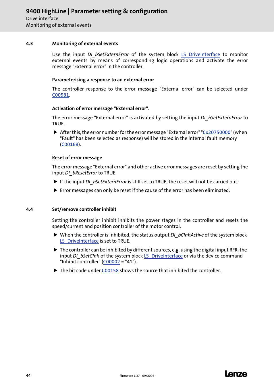 3 monitoring of external events, 4 set/remove controller inhibit, Set/remove controller inhibit | 9400 highline | parameter setting & configuration | Lenze E94AxHE Servo Drives 9400 HighLine (Firmware 01-37) User Manual | Page 44 / 679