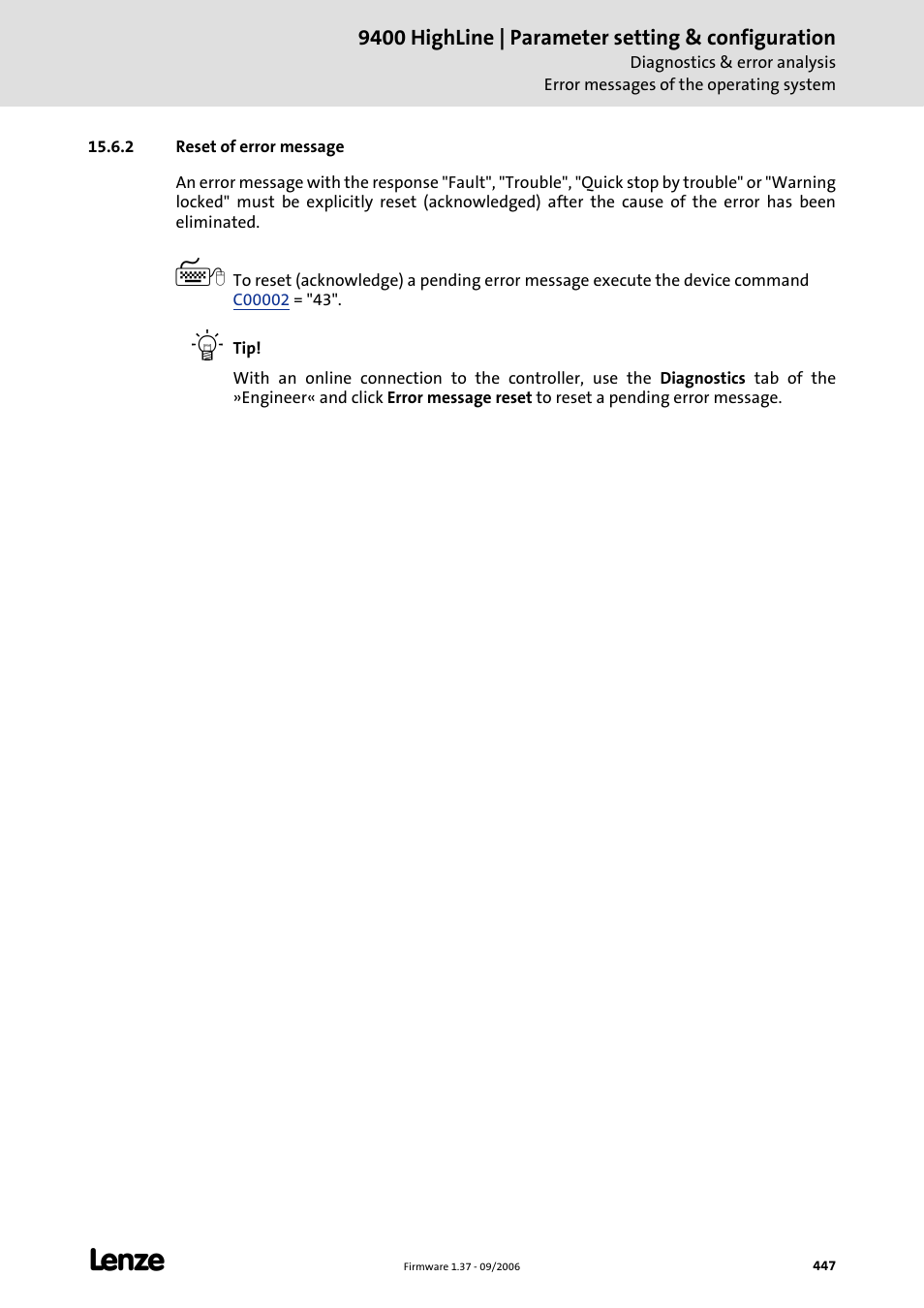 2 reset of error message, Reset of error message (c 447) | Lenze E94AxHE Servo Drives 9400 HighLine (Firmware 01-37) User Manual | Page 447 / 679