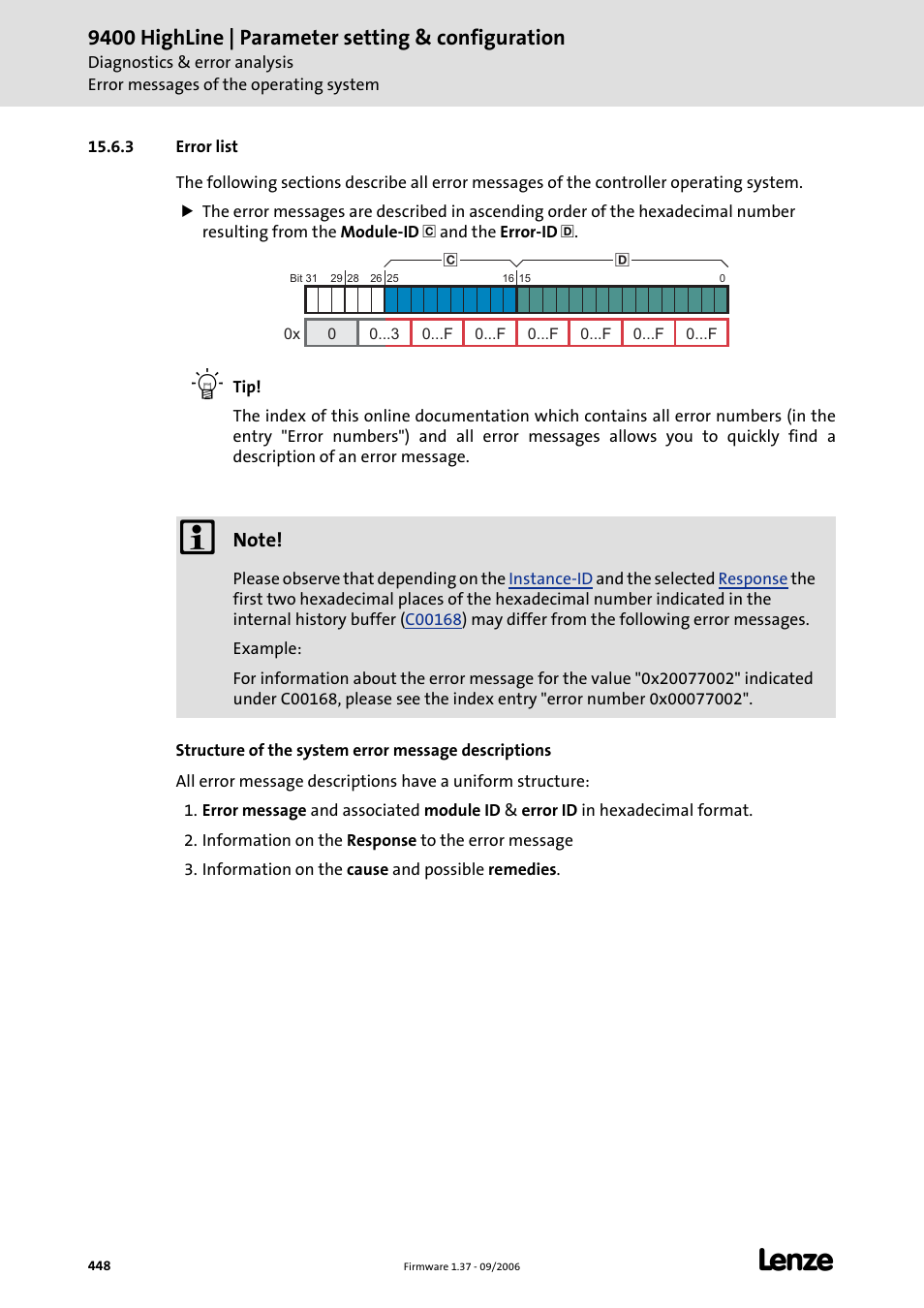 3 error list, Error list, C 448) | 9400 highline | parameter setting & configuration | Lenze E94AxHE Servo Drives 9400 HighLine (Firmware 01-37) User Manual | Page 448 / 679