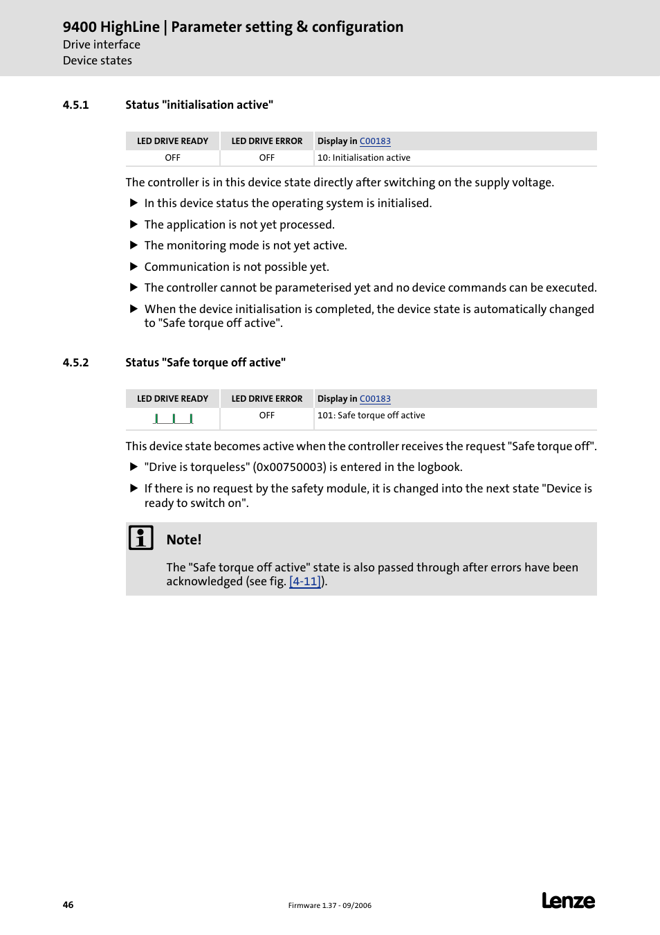 1 status "initialisation active, 2 status "safe torque off active, Status "initialisation active | Status "safe torque off active, 9400 highline | parameter setting & configuration | Lenze E94AxHE Servo Drives 9400 HighLine (Firmware 01-37) User Manual | Page 46 / 679