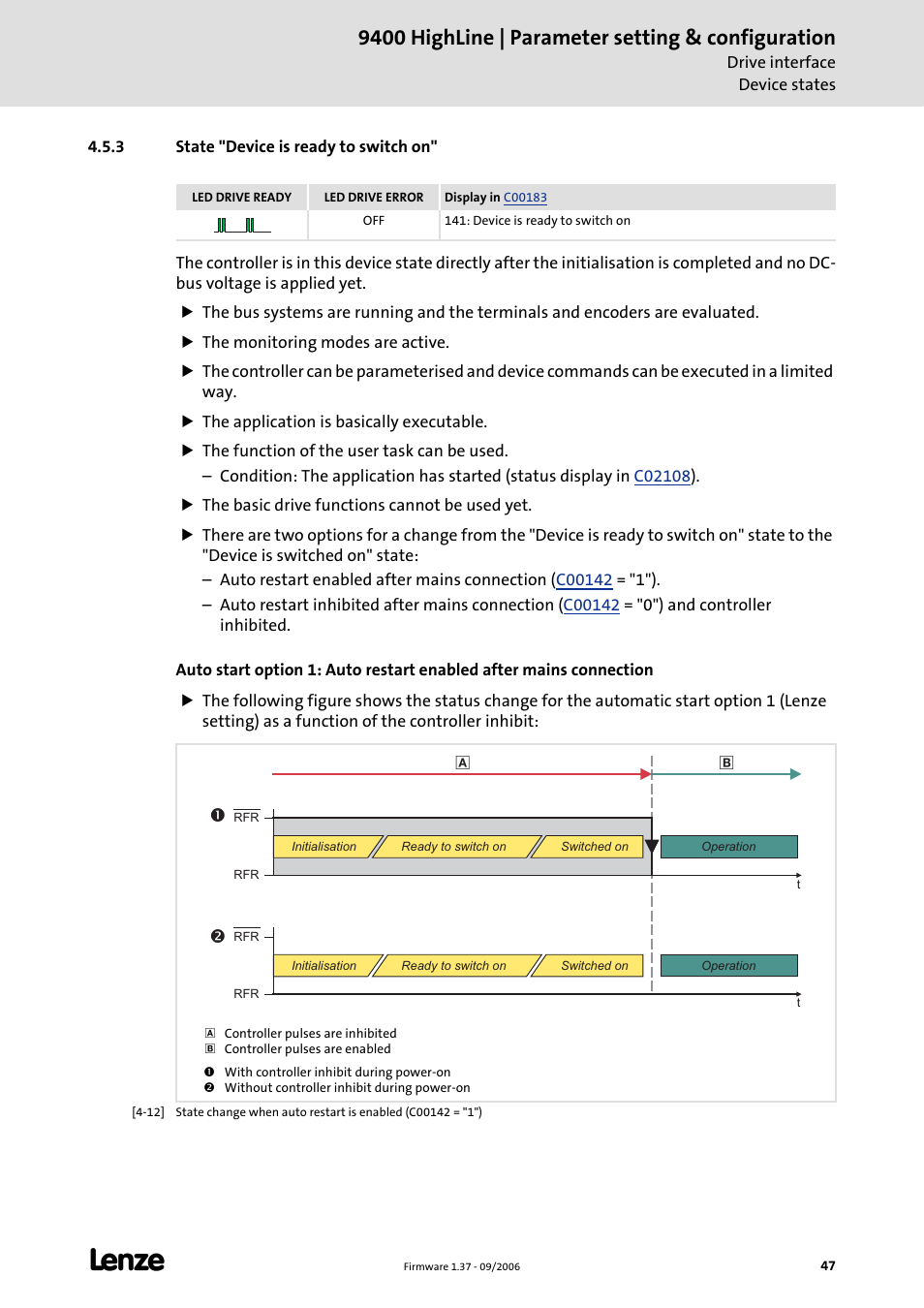 3 state "device is ready to switch on, State "device is ready to switch on, 9400 highline | parameter setting & configuration | Lenze E94AxHE Servo Drives 9400 HighLine (Firmware 01-37) User Manual | Page 47 / 679