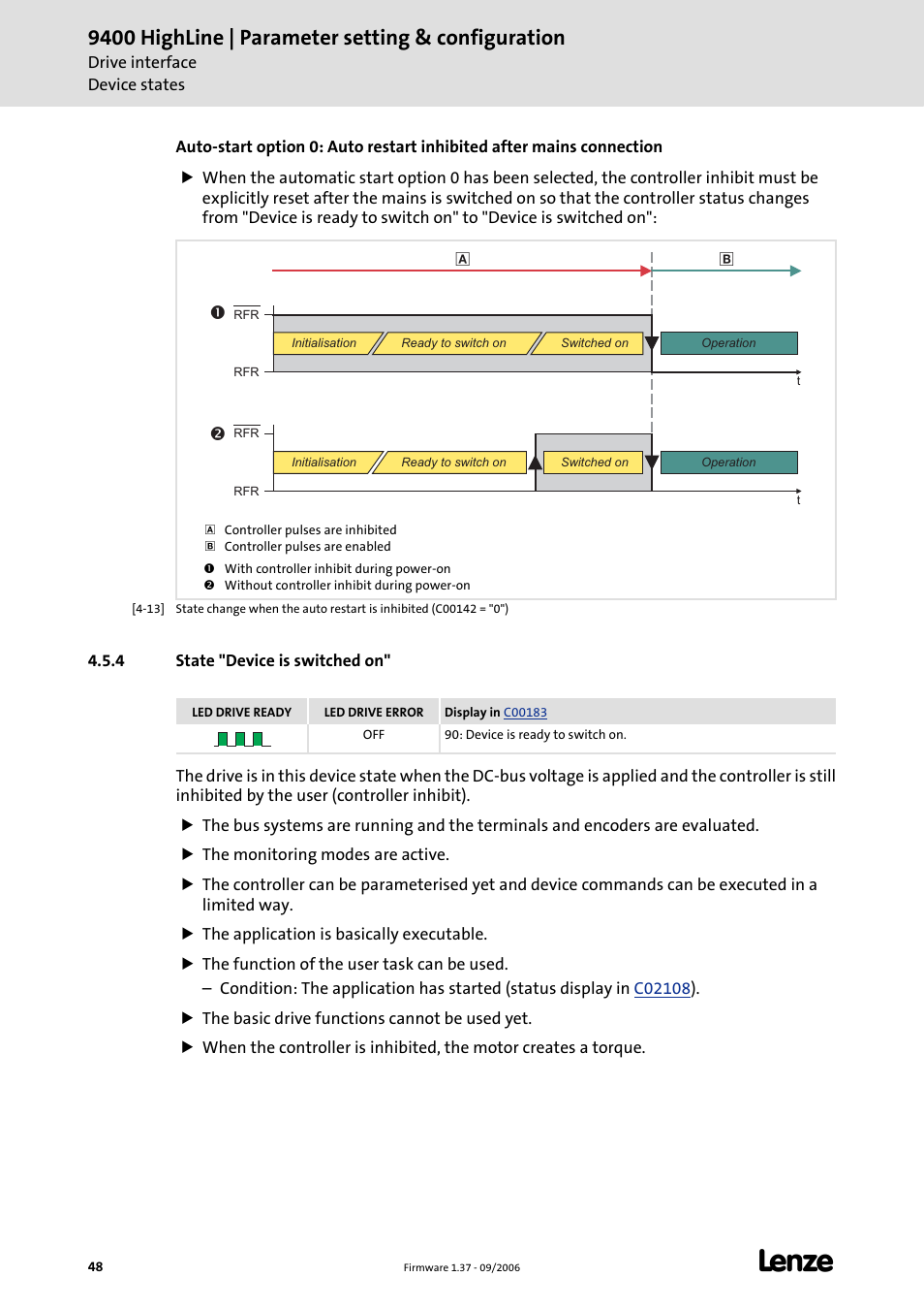 4 state "device is switched on, State "device is switched on, 9400 highline | parameter setting & configuration | Lenze E94AxHE Servo Drives 9400 HighLine (Firmware 01-37) User Manual | Page 48 / 679