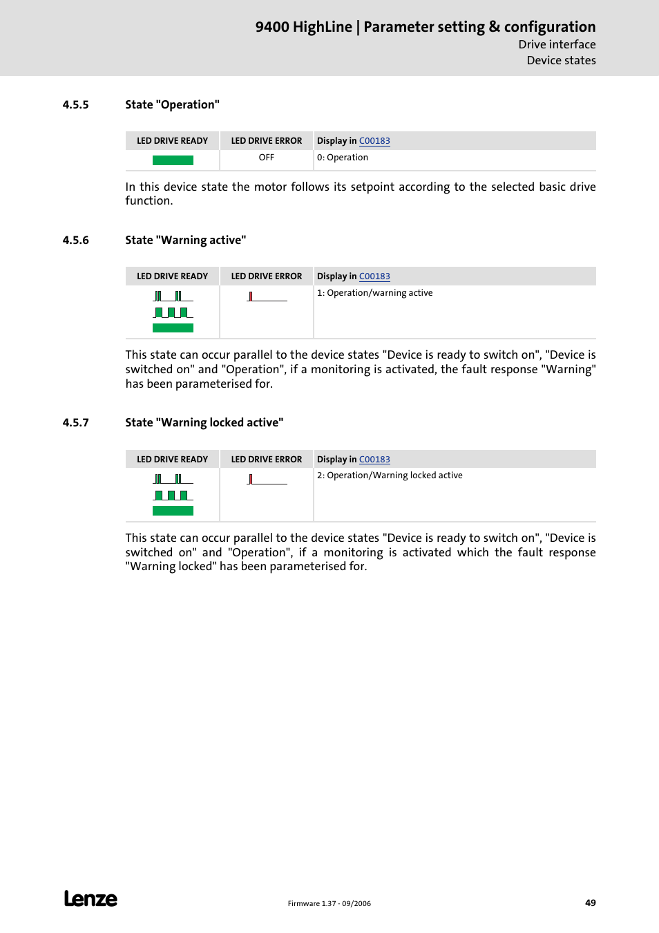 5 state "operation, 6 state "warning active, 7 state "warning locked active | State "operation, State "warning active, State "warning locked active, 9400 highline | parameter setting & configuration | Lenze E94AxHE Servo Drives 9400 HighLine (Firmware 01-37) User Manual | Page 49 / 679