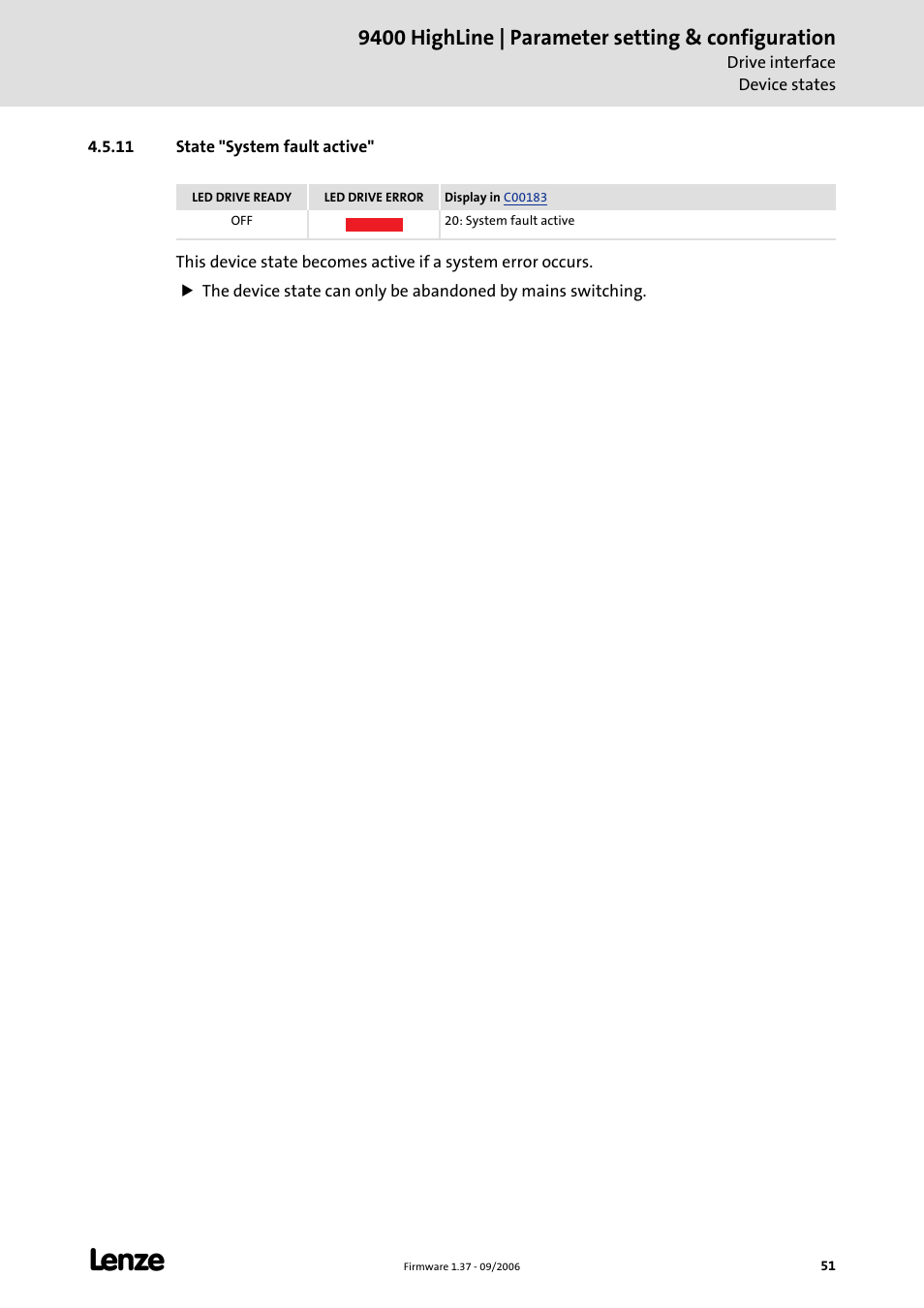 11 state "system fault active, State "system fault active, 9400 highline | parameter setting & configuration | Lenze E94AxHE Servo Drives 9400 HighLine (Firmware 01-37) User Manual | Page 51 / 679