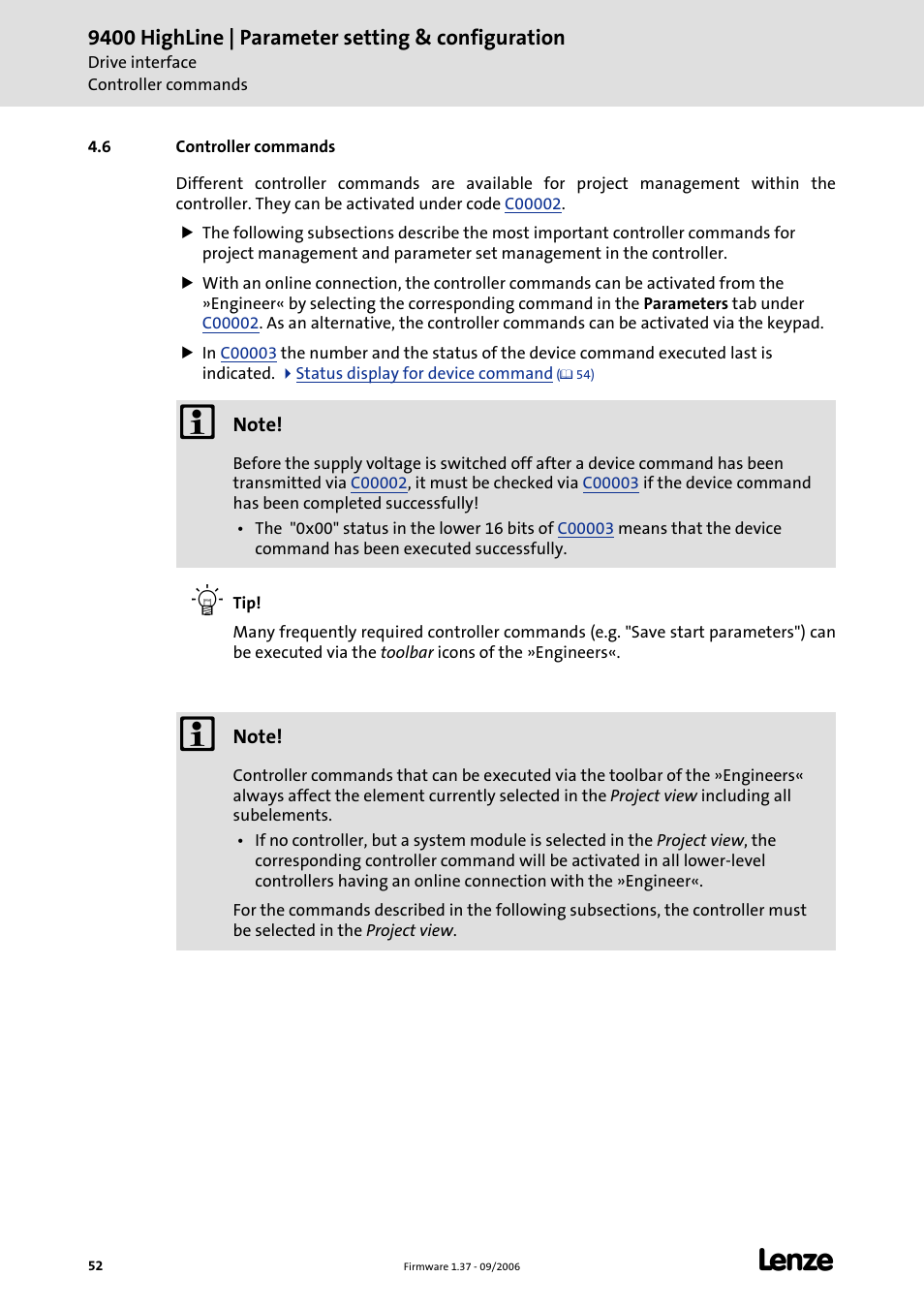 6 controller commands | Lenze E94AxHE Servo Drives 9400 HighLine (Firmware 01-37) User Manual | Page 52 / 679