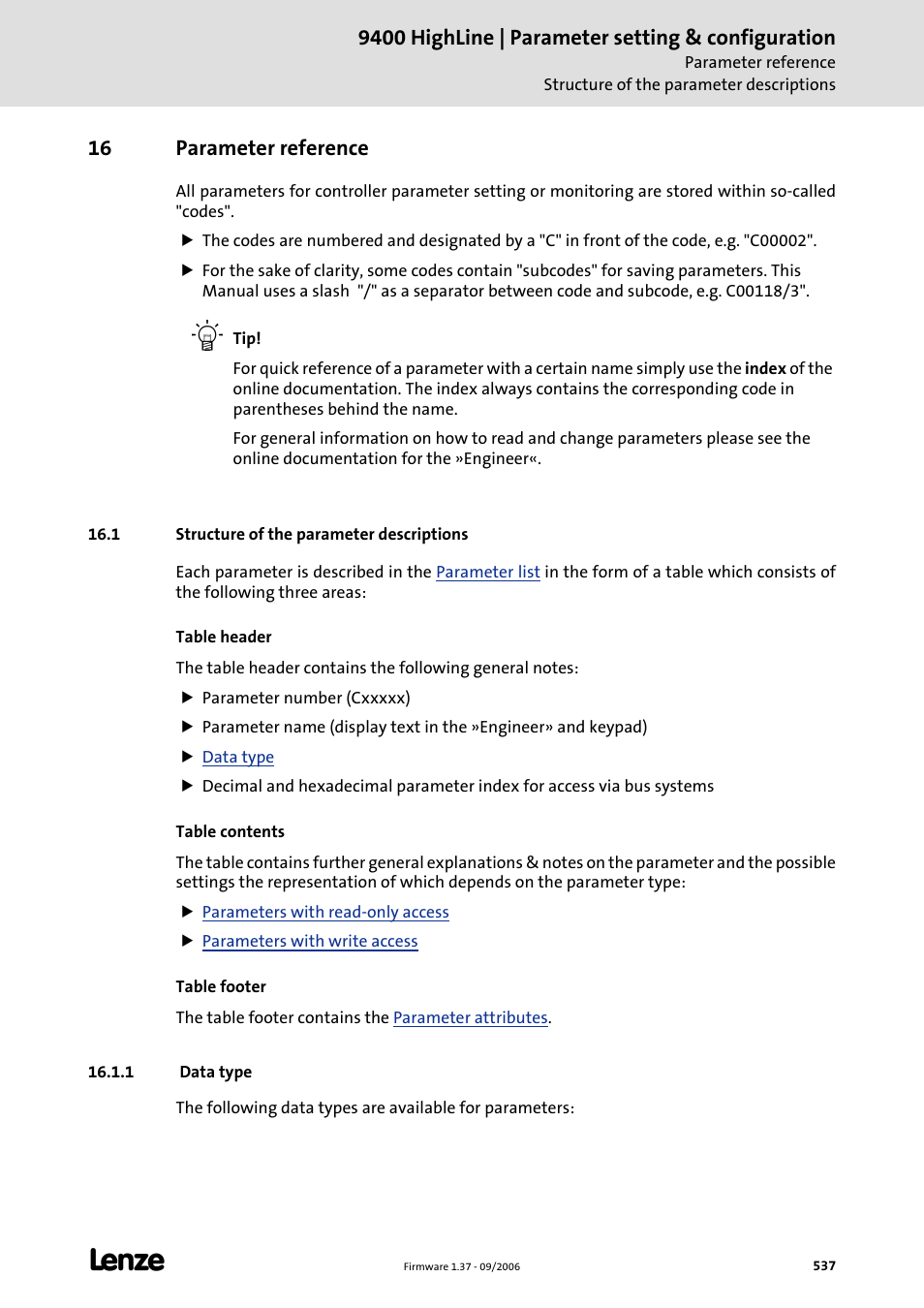 16 parameter reference, 1 structure of the parameter descriptions, 1 data type | Parameter description, please see the chapter, Parameter reference, C 537), 9400 highline | parameter setting & configuration | Lenze E94AxHE Servo Drives 9400 HighLine (Firmware 01-37) User Manual | Page 537 / 679