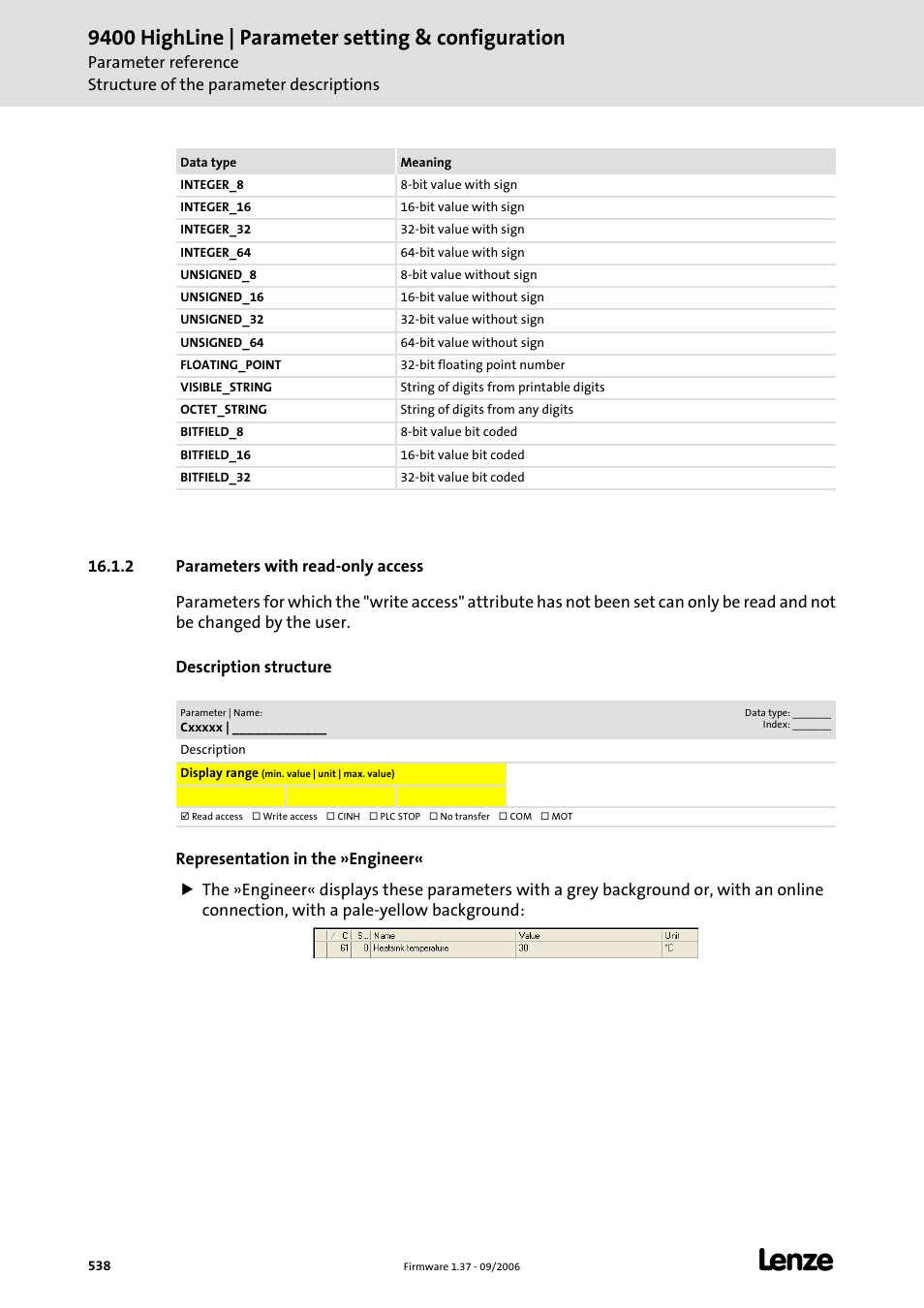 2 parameters with read-only access, Parameters with read-only access, 9400 highline | parameter setting & configuration | Lenze E94AxHE Servo Drives 9400 HighLine (Firmware 01-37) User Manual | Page 538 / 679