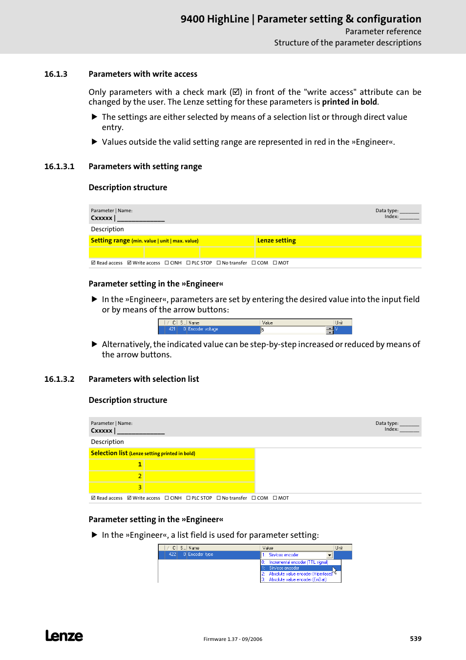 3 parameters with write access, 1 parameters with setting range, 2 parameters with selection list | Parameters with write access, 9400 highline | parameter setting & configuration | Lenze E94AxHE Servo Drives 9400 HighLine (Firmware 01-37) User Manual | Page 539 / 679