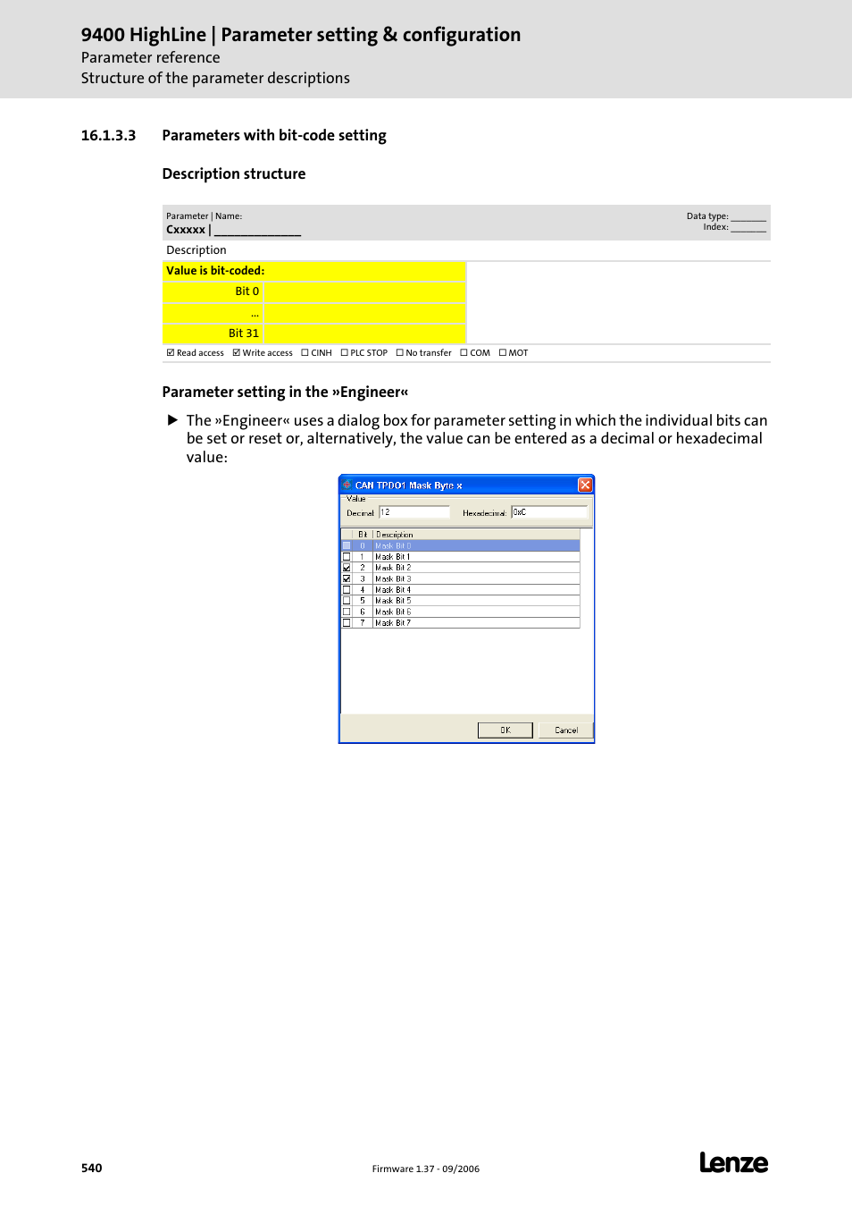 3 parameters with bit-code setting, 9400 highline | parameter setting & configuration | Lenze E94AxHE Servo Drives 9400 HighLine (Firmware 01-37) User Manual | Page 540 / 679